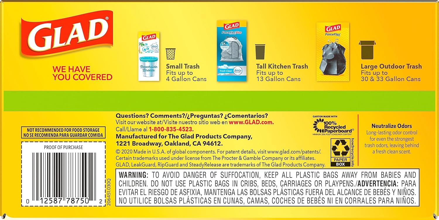 Glad ForceFlex Tall Kitchen Trash Bags, 13 Gal, Gain Original with Febreze, 110 Ct (Pack May Vary)