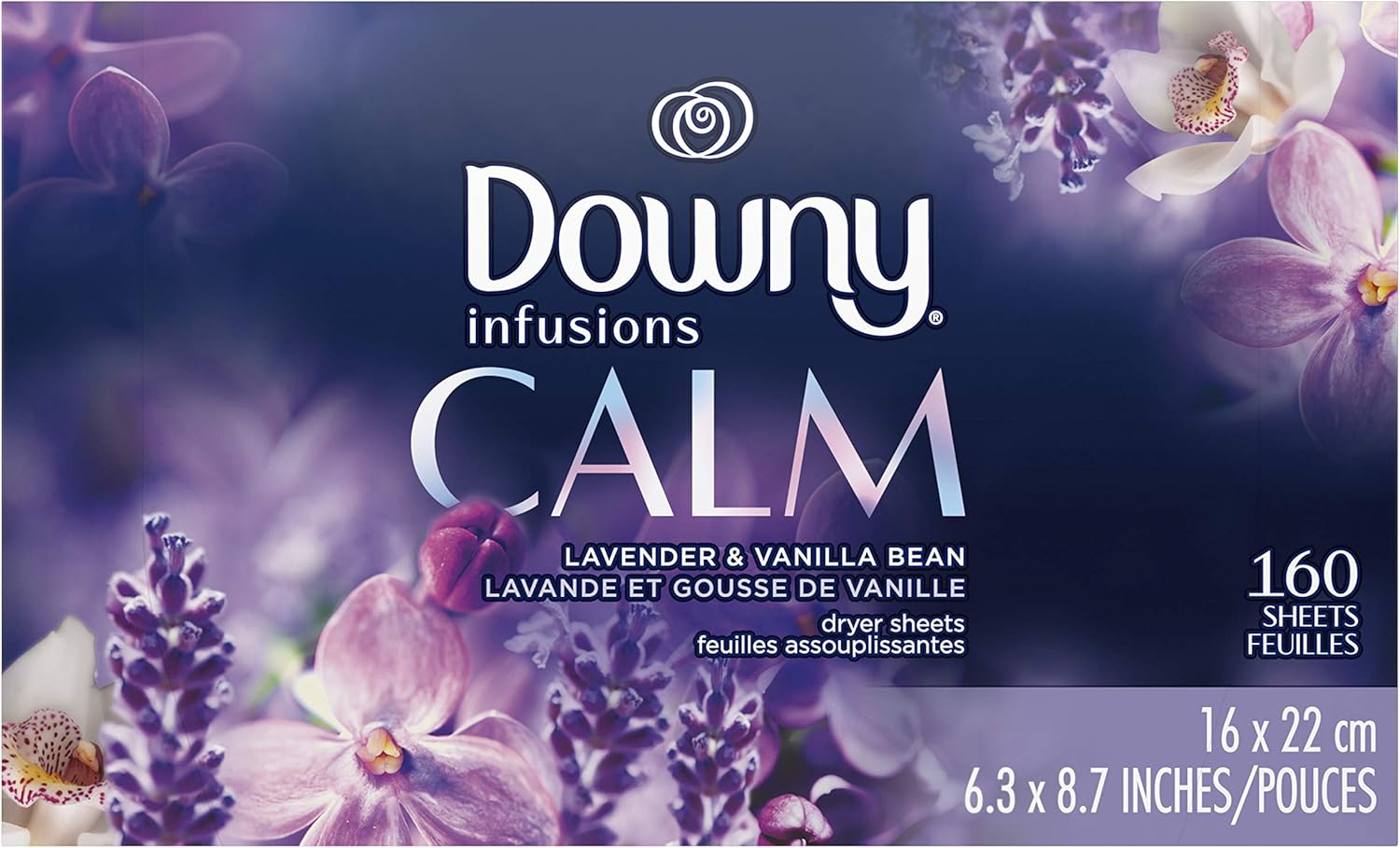Downy Infusions Mega Dryer Sheets, Laundry Fabric Softener, CALM, Lavender and Vanilla Bean, 180 Count (3 box of 60 sheets)