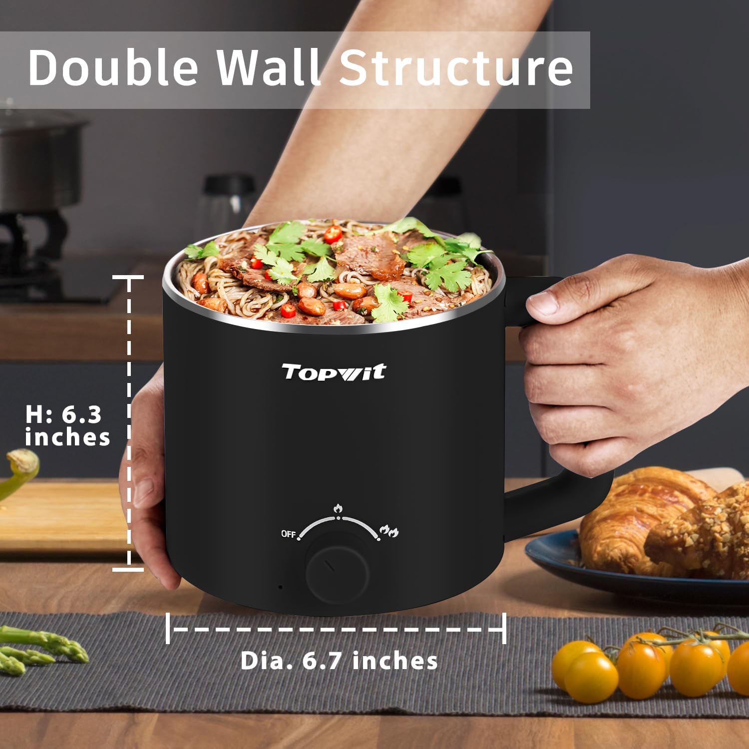 Topwit Hot Pot Electric, Electric Pot, 1.6L Ramen Cooker, Multifunctional Electric Cooker for Pasta, Shabu-Shabu, Oatmeal, Soup and Egg with Over-Heating Protection, Boil Dry Protection, Blue