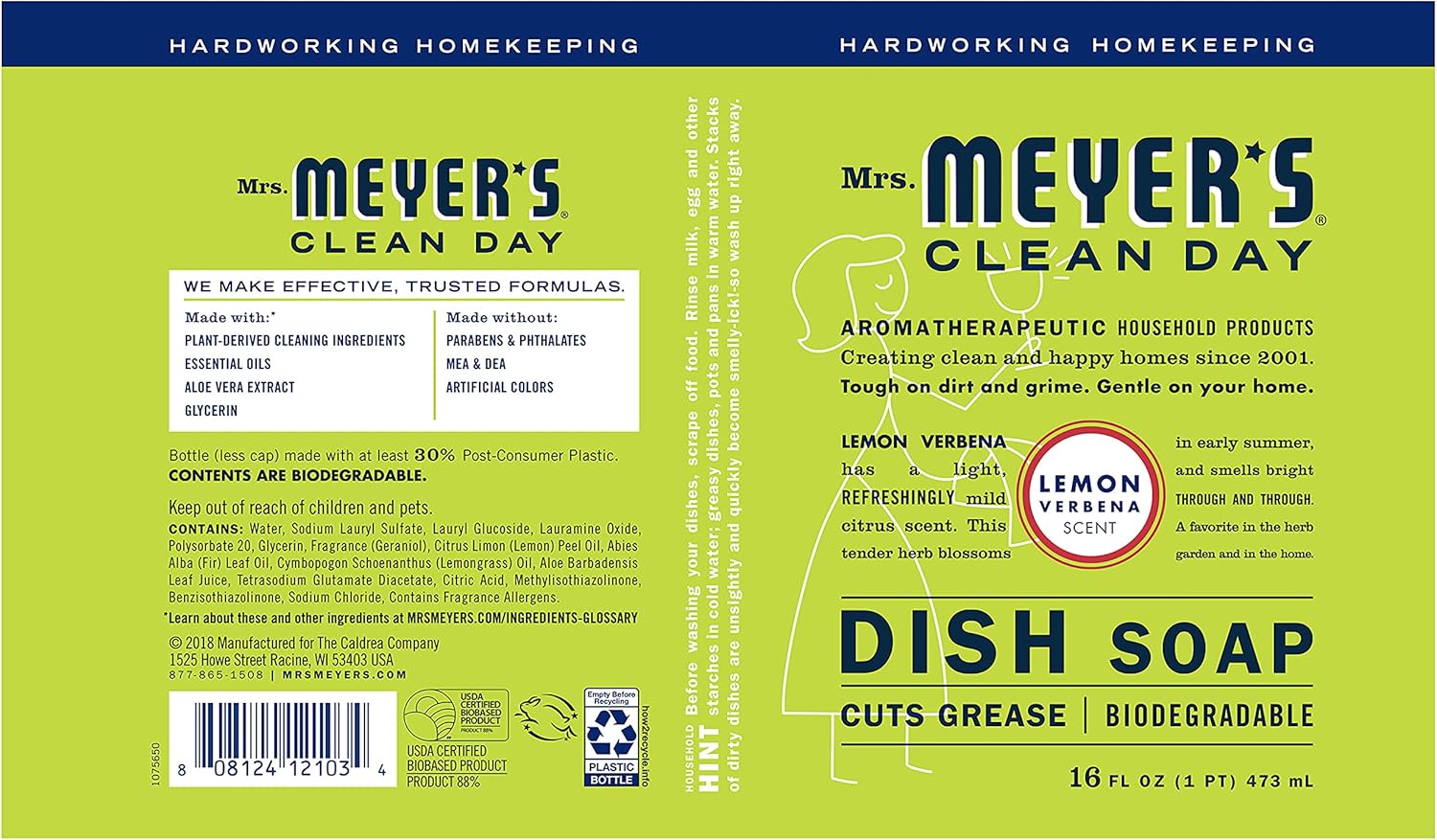 MRS. MEYER'S CLEAN DAY Liquid Dish Soap, Biodegradable Formula, Basil, 16 fl. oz - Pack of 3