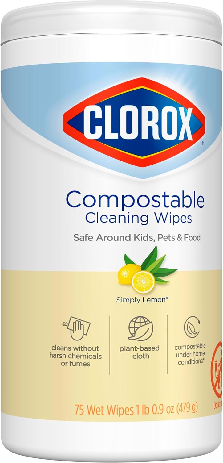 Clorox Free & Clear Compostable Cleaning Wipes, Light Lemon Scent, 75 Count, Pack of 3 (Pack May Vary)