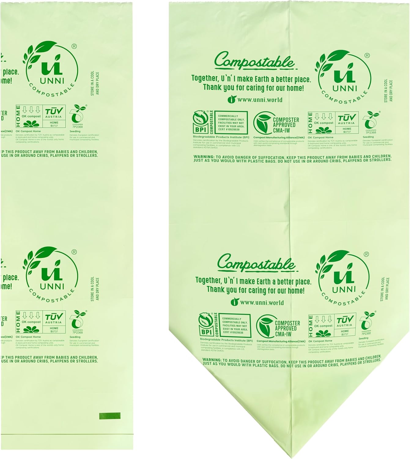 UNNI Compostable Liner Bags, 13 Gallon, 49.2 Liter, 50 Count, Heavy Duty 0.85 Mil, Tall Kitchen Food Scrap Waste Bags, ASTM D6400, US BPI, CMA and Europe OK Compost Home Certified, San Francisco