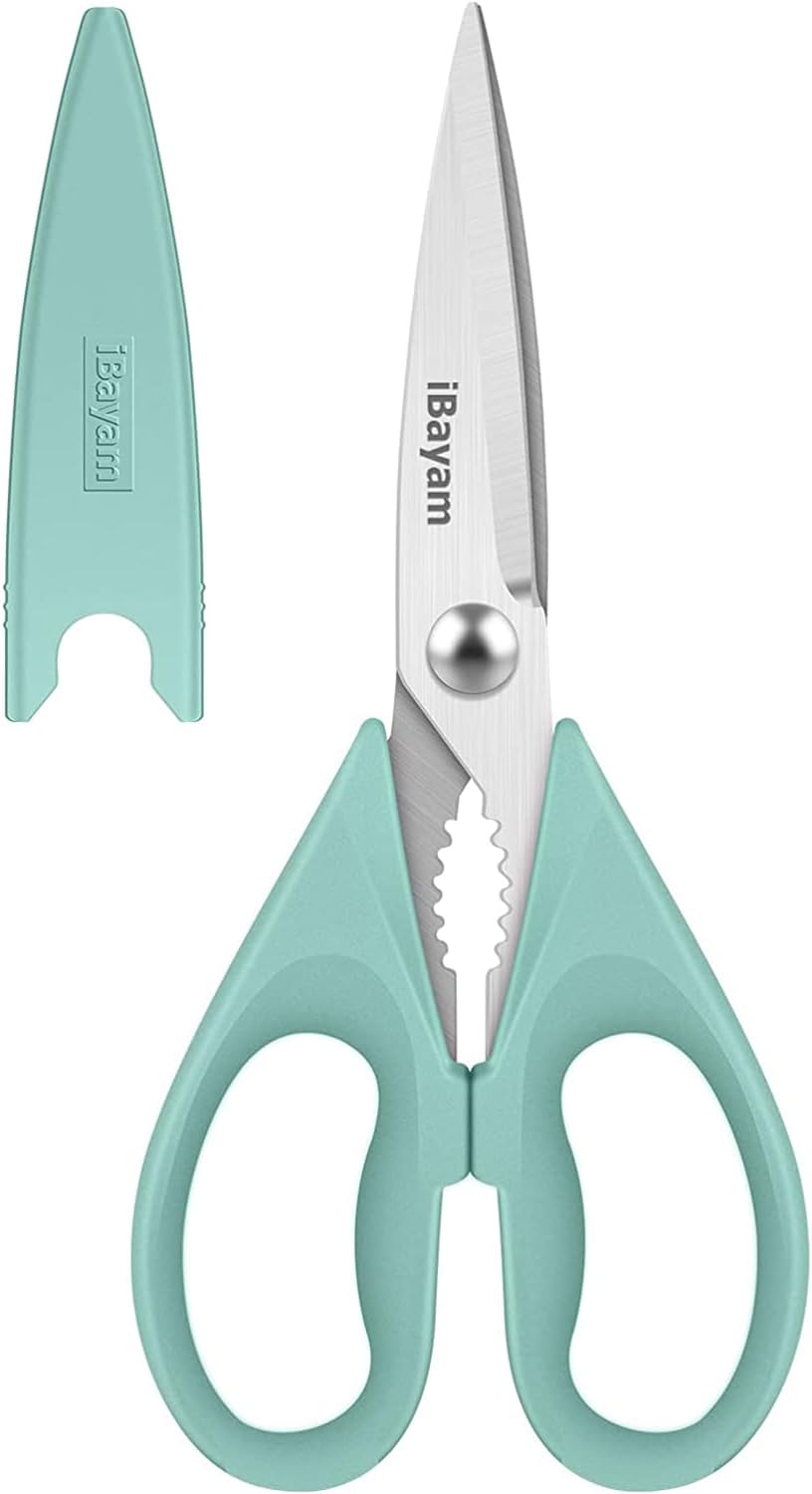 iBayam Kitchen Scissors All Purpose Heavy Duty Meat Poultry Shears, Dishwasher Safe Food Cooking Scissors Stainless Steel Utility Scissors, 2-Pack (Black Red, Black Gray)