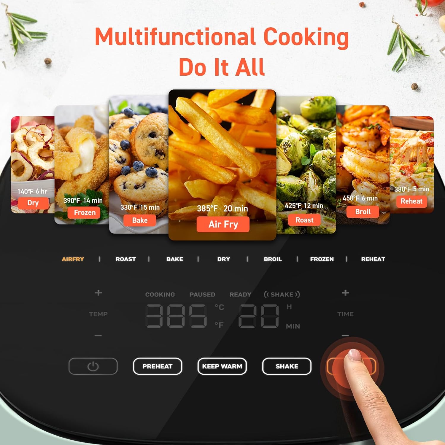 COSORI Air Fryer 9-in-1, Compact 5-Qt, Perect for Meat Enthusiasts with 450°F Max Heat Function , 130+ In-App Recipes, Little to No Oil, Easy Clean Glass Touch Panel & Nonstick Basket, Gray