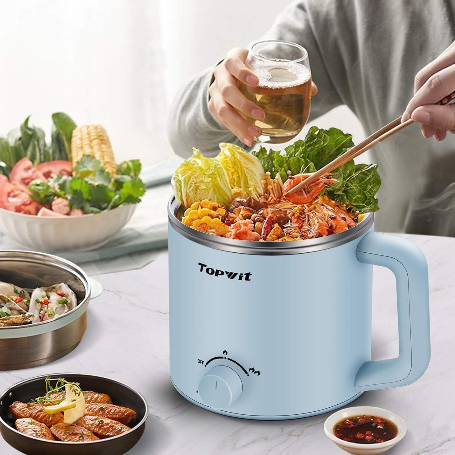 Topwit Hot Pot Electric, Electric Pot, 1.6L Ramen Cooker, Multifunctional Electric Cooker for Pasta, Shabu-Shabu, Oatmeal, Soup and Egg with Over-Heating Protection, Boil Dry Protection, Blue