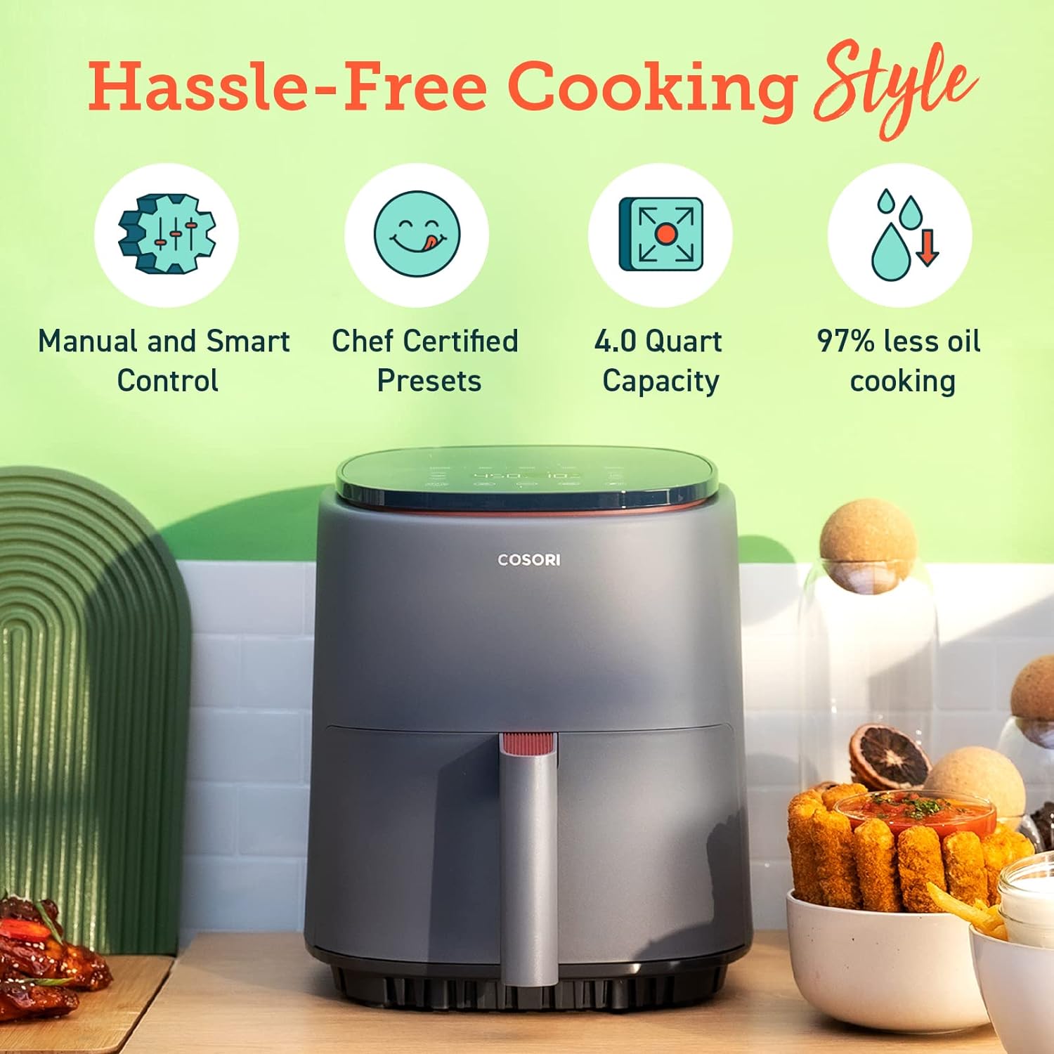 COSORI 2.1Qt Air Fryer, Small 4-in-1 Air Fryer Perfect for Simple Meals and Snack, Easy to Leftover Food to Crispy, 97% Less Oil, 30 In-App Recipes, Nonstick & Dishwasher Safe Basket