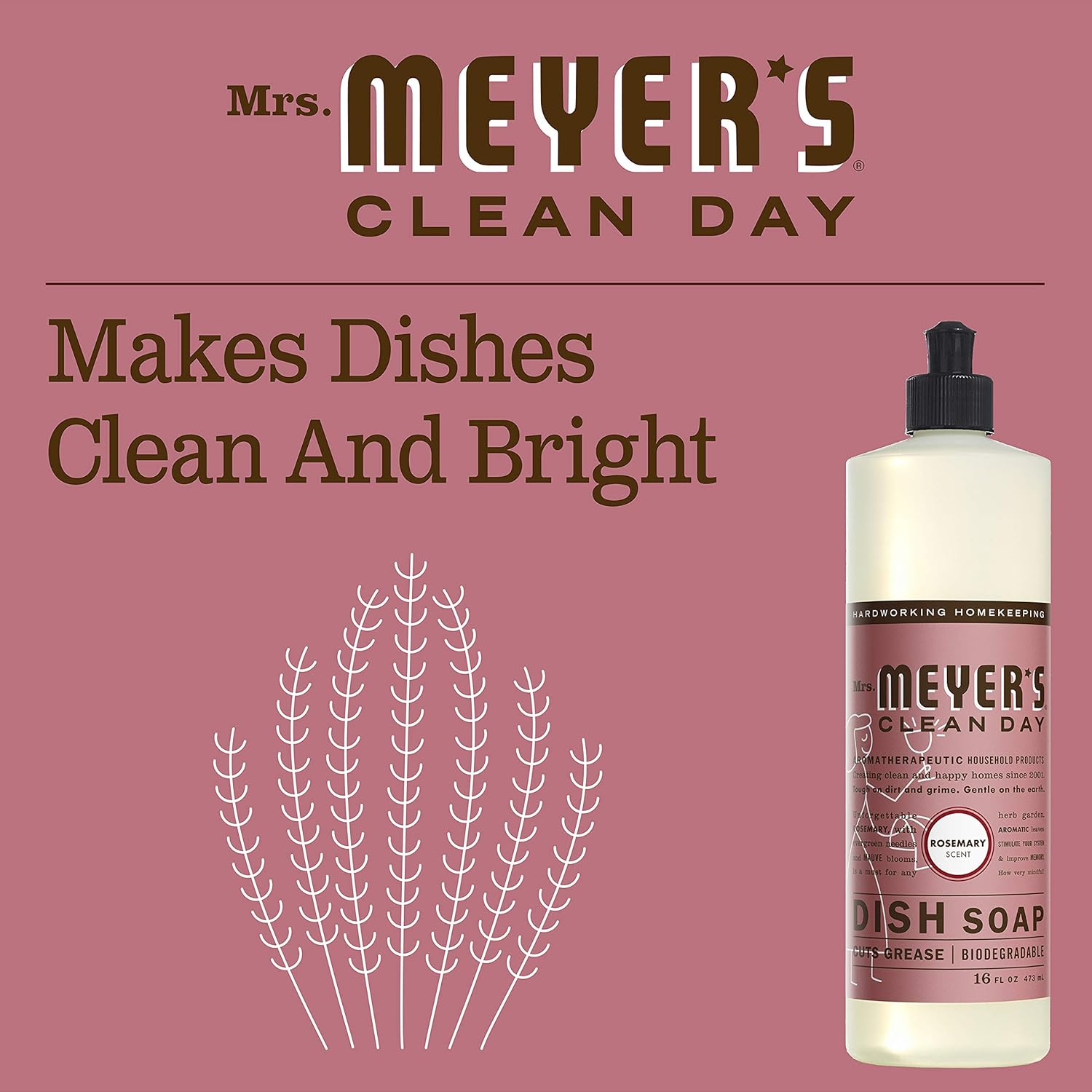 MRS. MEYER'S CLEAN DAY Liquid Dish Soap, Biodegradable Formula, Basil, 16 fl. oz - Pack of 3