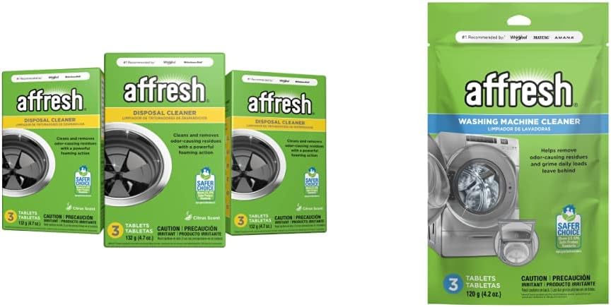 Affresh Garbage Disposal Cleaner, Removes Odor-Causing Residues, 9 Tablets [3 Pack] & Dishwasher Cleaner, Helps Remove Limescale and Odor-Causing Residue, 12 Tablets (2 Pack)