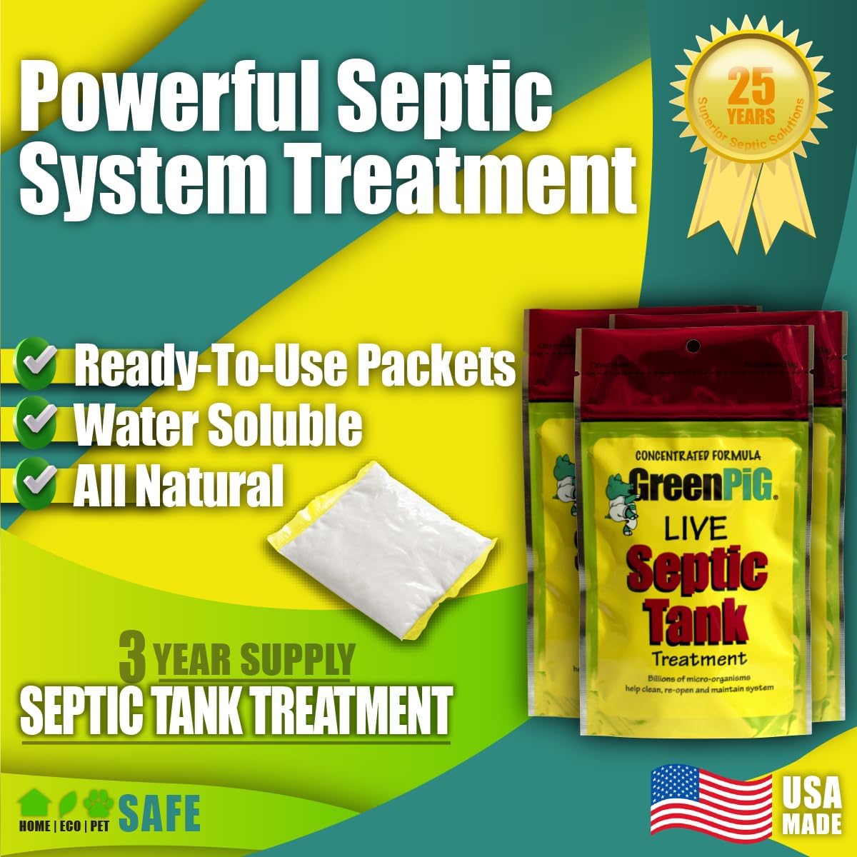 Green Pig 52 Live Septic Tank Treatment Ultimate Solution in Preventing Expensive Backups, Clogs, or Drain Field Failures with 4-Easy Drop-in and Flush, 1-Year Supply- 4 Packets, 4 Count