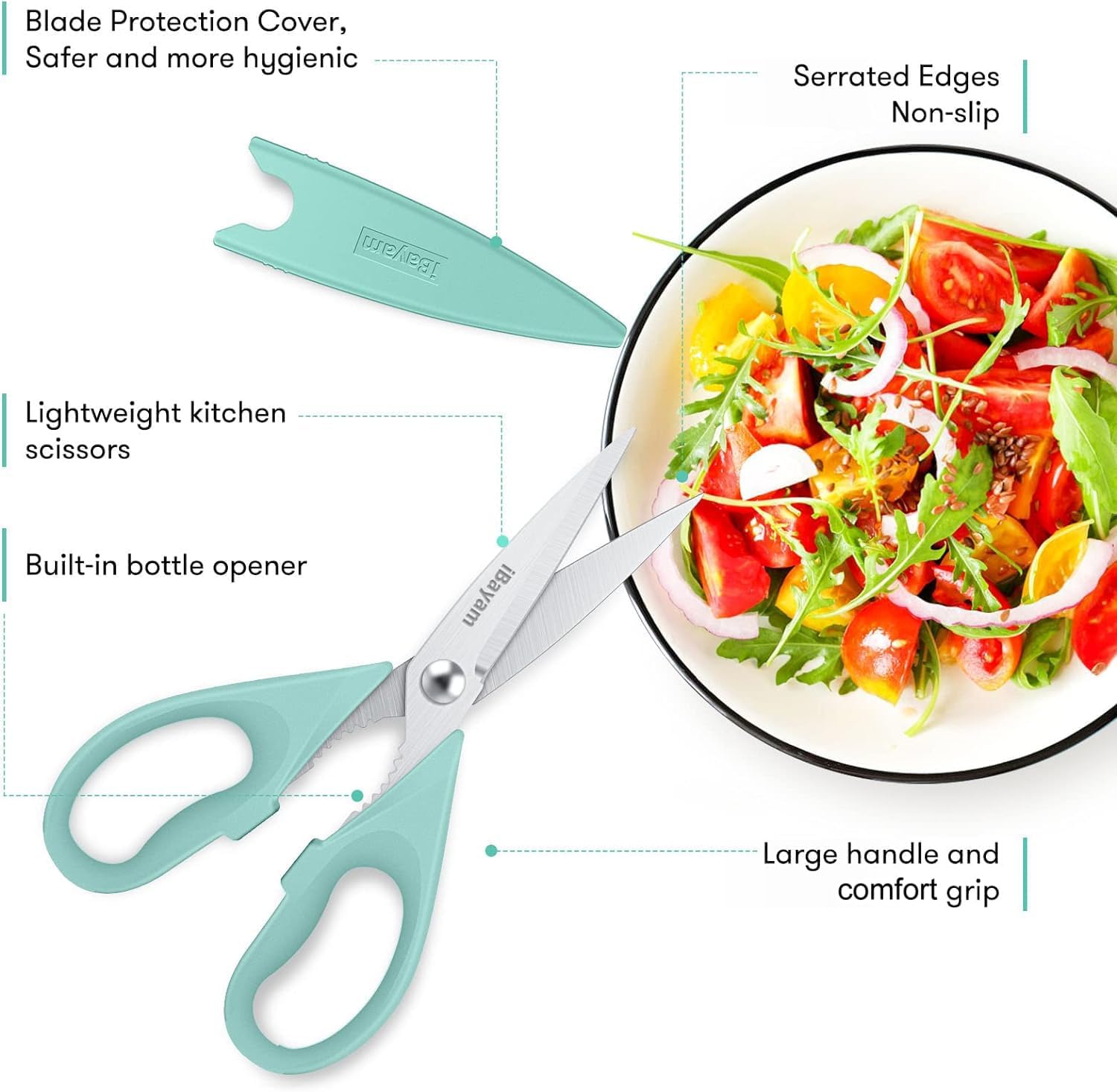 iBayam Kitchen Scissors All Purpose Heavy Duty Meat Poultry Shears, Dishwasher Safe Food Cooking Scissors Stainless Steel Utility Scissors, 2-Pack (Black Red, Black Gray)