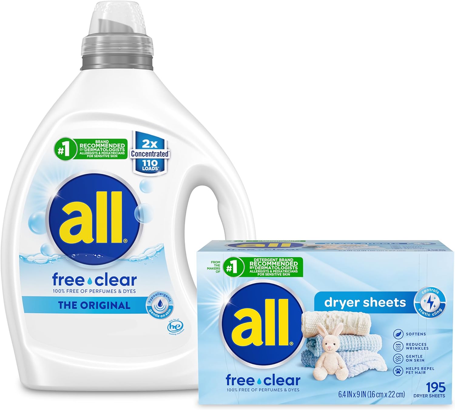 all Liquid Laundry Detergent, Free Clear for Sensitive Skin, Unscented and Hypoallergenic, 2X Concentrated, 110 Loads