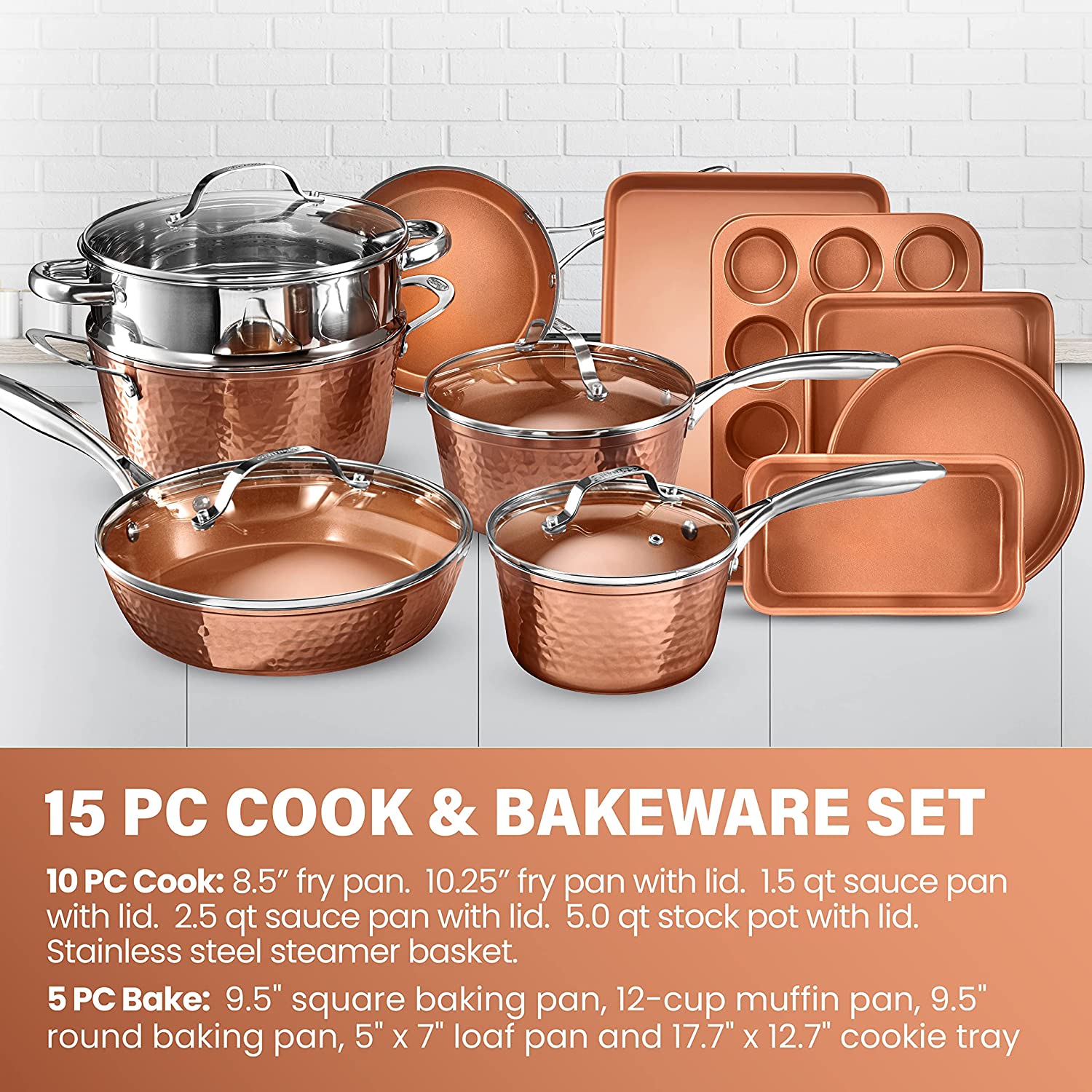 Steel Hammered Pots and Pans Set Nonstick, 15 Pc Elegant Kitchen Cookware Set & Bakeware Set, Ultra Durable Pots and Pans for Cooking with Nonstick Ceramic Coating, Dishwasher Safe, Toxin Free