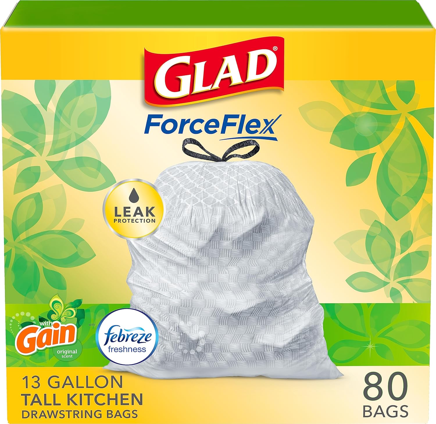 Glad ForceFlex Tall Kitchen Trash Bags, 13 Gal, Gain Original with Febreze, 110 Ct (Pack May Vary)