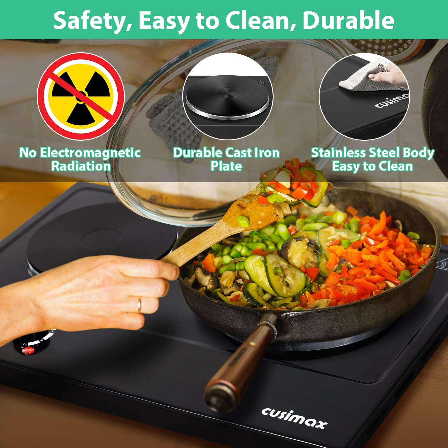CUSIMAX 1800W Ceramic Electric Hot Plate for Cooking, Dual Control Infrared Cooktop, Double Burner, Portable Countertop Burner, Glass Plate Electric Cooktop, Silver, Stainless Steel-Upgraded Version