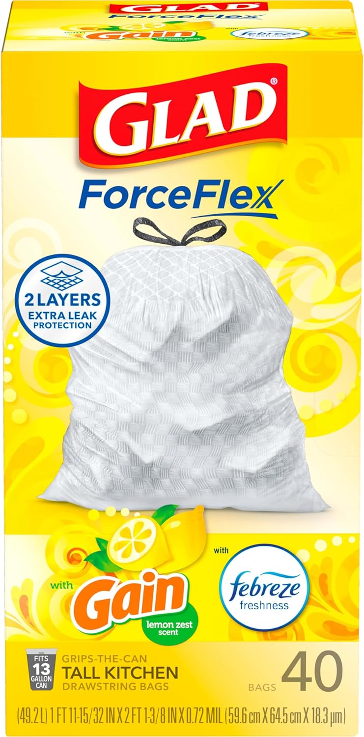 Glad Tall Kitchen Drawstring Trash Bags - Odorshield 13 Gallon White Trash Bag, Febreze Fresh Clean, 110 Count