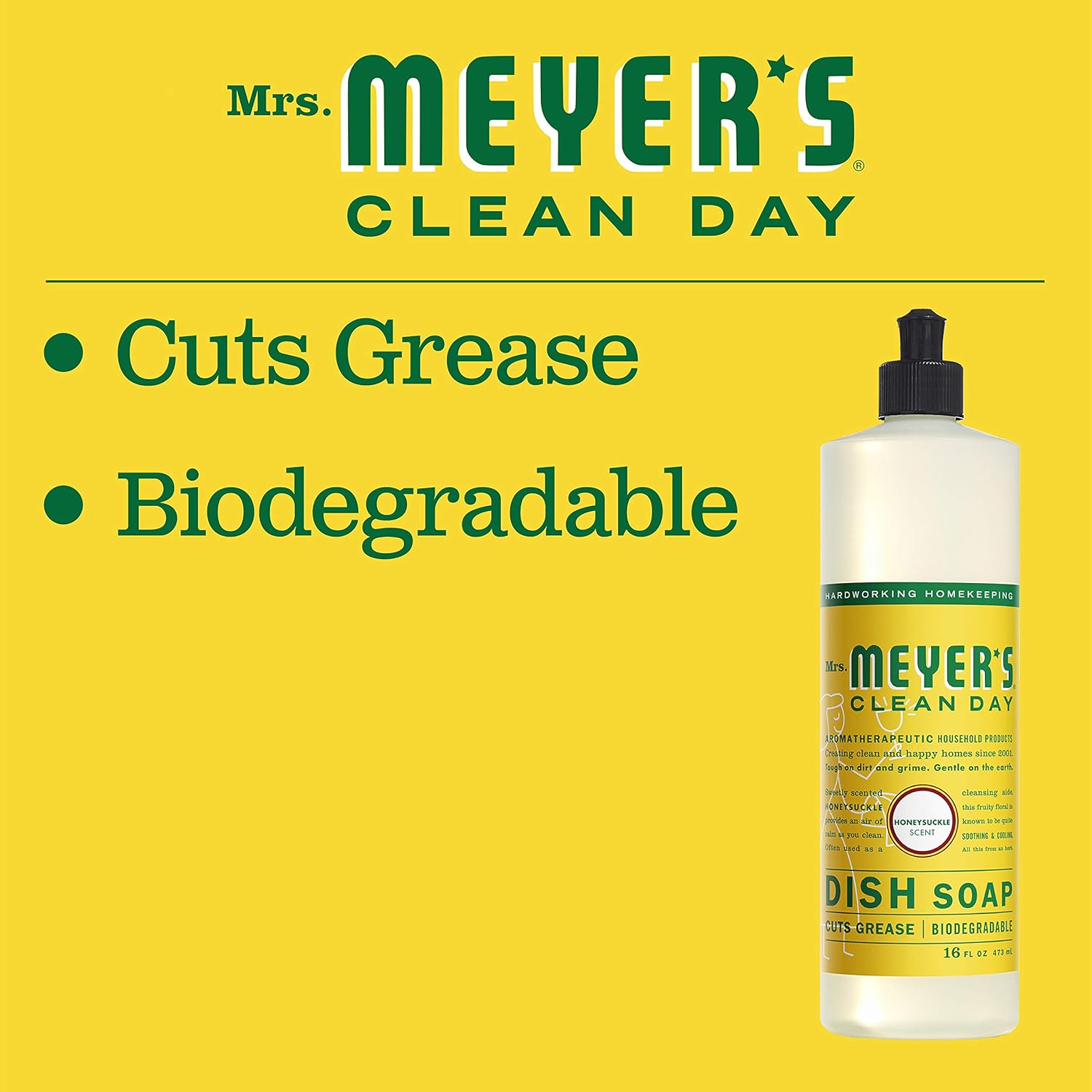 MRS. MEYER'S CLEAN DAY Liquid Dish Soap, Biodegradable Formula, Basil, 16 fl. oz - Pack of 3