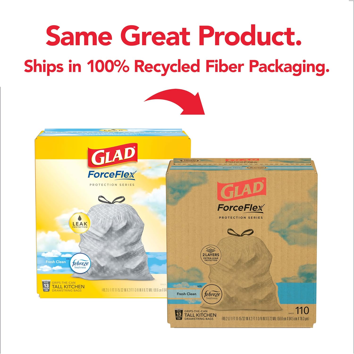 Glad Trash Bags, ForceFlex Tall Kitchen Drawstring Garbage Bags, 13 Gal, Fresh Clean Scent with Febreze, 110 Ct (Packaging May Vary)