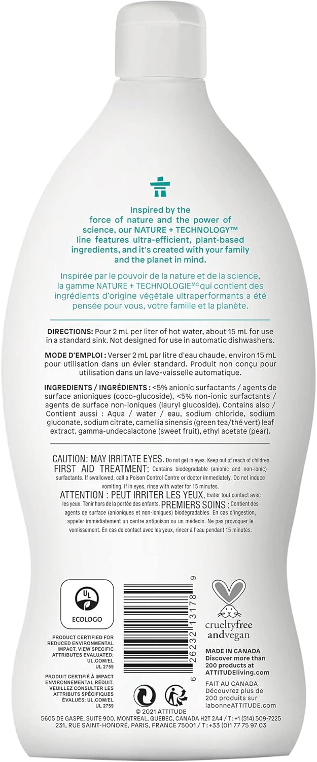 ATTITUDE Baby Dish Soap and Bottle Cleaner, EWG Verified Dishwashing Liquid, No Added Dyes or Fragrances, Tough on Milk Residue and Grease, Vegan, Unscented, 33.8 Fl Oz