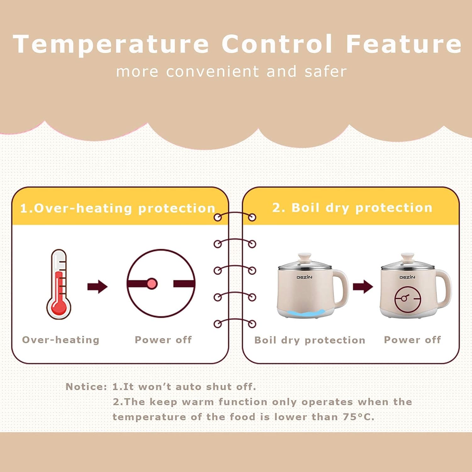 Dezin Electric Pot, 1.6L Ramen Cooker, Hot Pot Electric Stainless Steel, Multifunctional Electric Cooker for Egg, Pasta, Soup, Porridge, Oatmeal with Temperature Control and Keep Warm Function