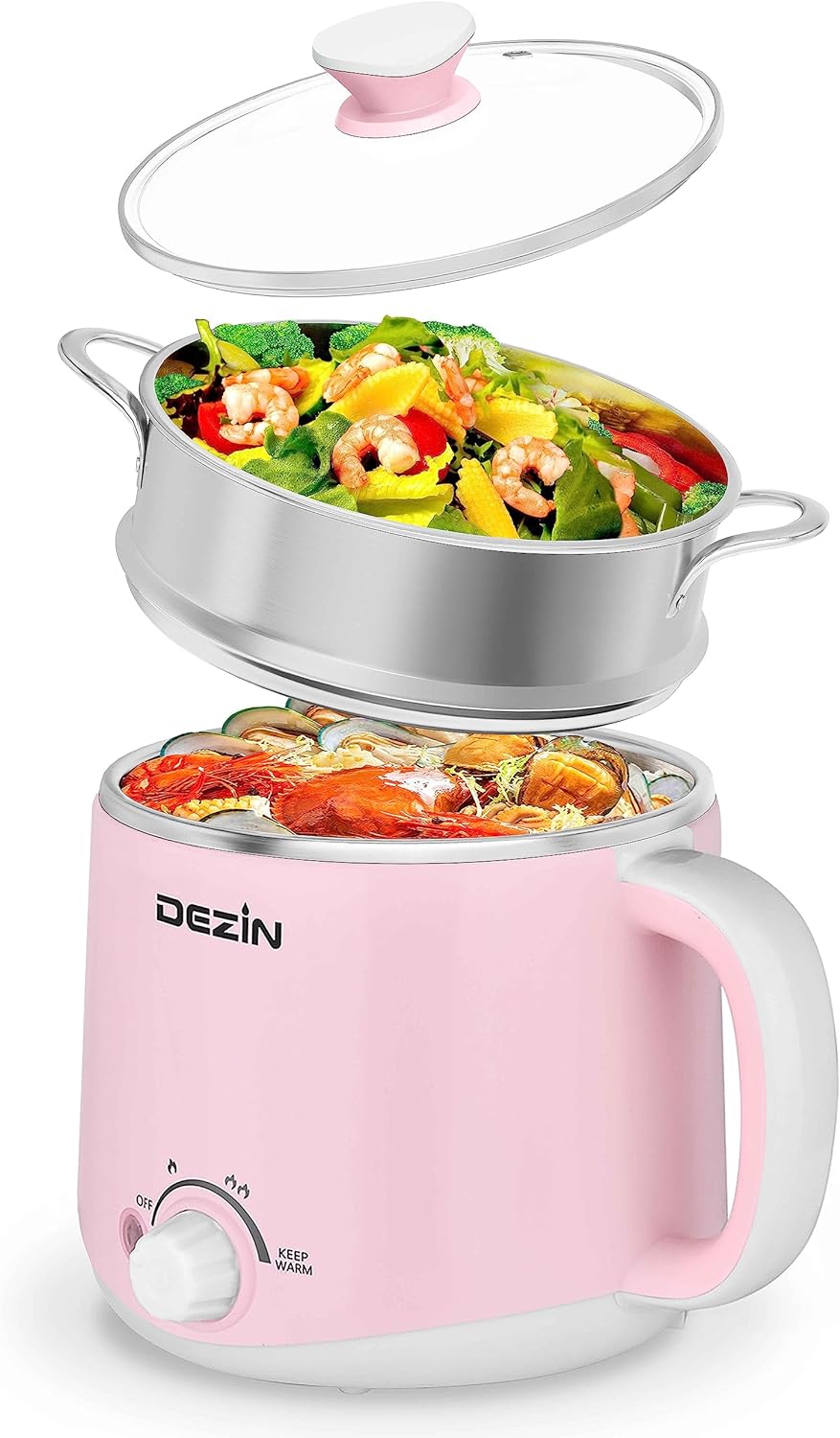 Dezin Electric Pot, 1.6L Ramen Cooker, Hot Pot Electric Stainless Steel, Multifunctional Electric Cooker for Egg, Pasta, Soup, Porridge, Oatmeal with Temperature Control and Keep Warm Function