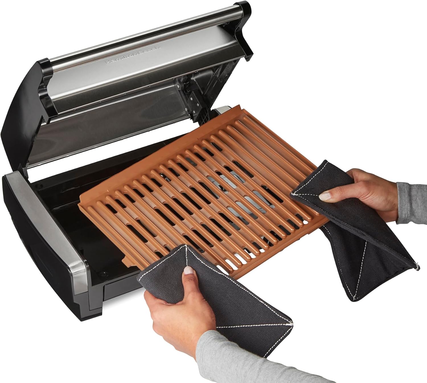 Hamilton Beach Electric Indoor Searing Grill with Viewing Window & Adjustable Temperature Control to 450F, 118 sq. in. Surface Serves 6, Removable Nonstick Grate, Stainless Steel