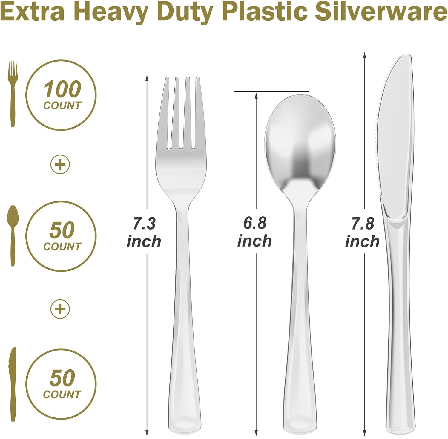 200 Count Heavy Duty Gold Plastic Silverware, 100 Forks, 50 Spoons, 50 Knives, BPA-Free, Heat Resistant, Disposable Gold Plastic Utensils Set, Gold Plastic Cutlery Set, Plasticware Bulk