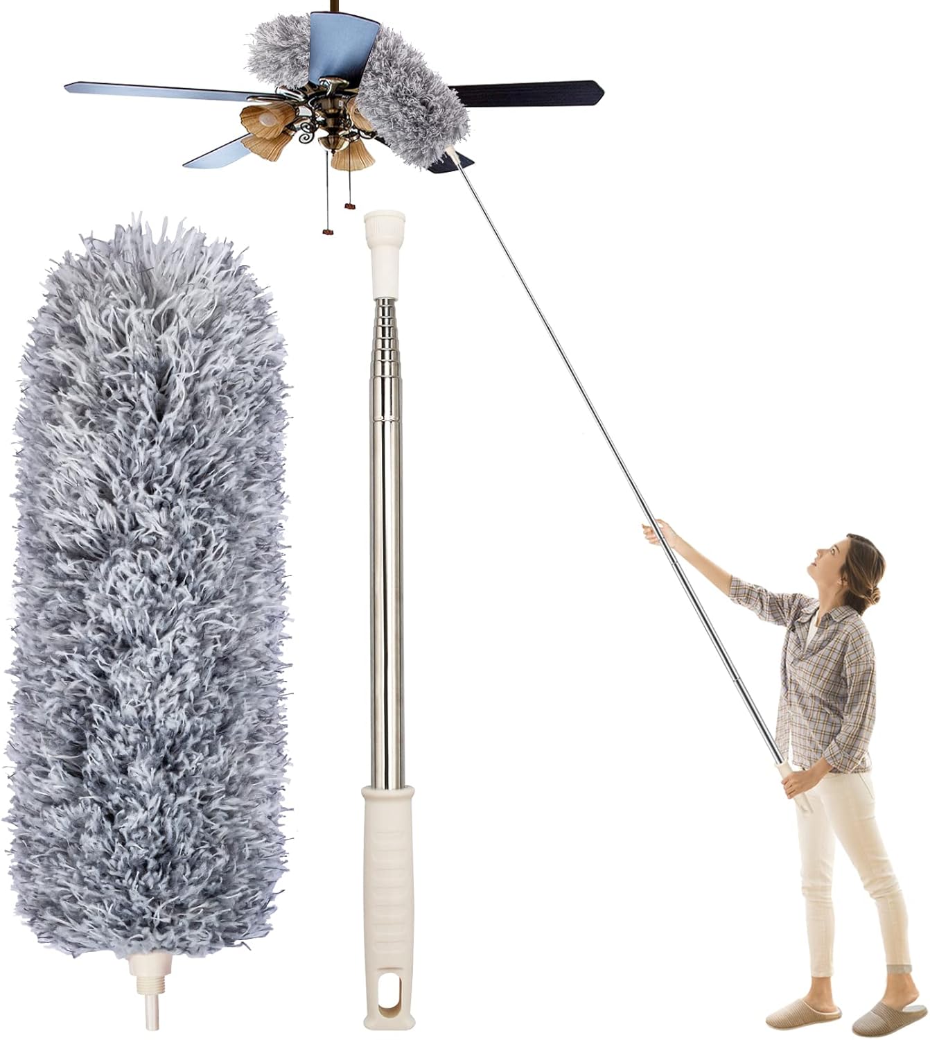 Dusters for Cleaning High Ceiling Fan, Newliton Microfiber Feather Duster with 30'' to 100'' Telescoping Extension Pole, Long Extendable Duster for Home Car Furniture Cobweb Gray