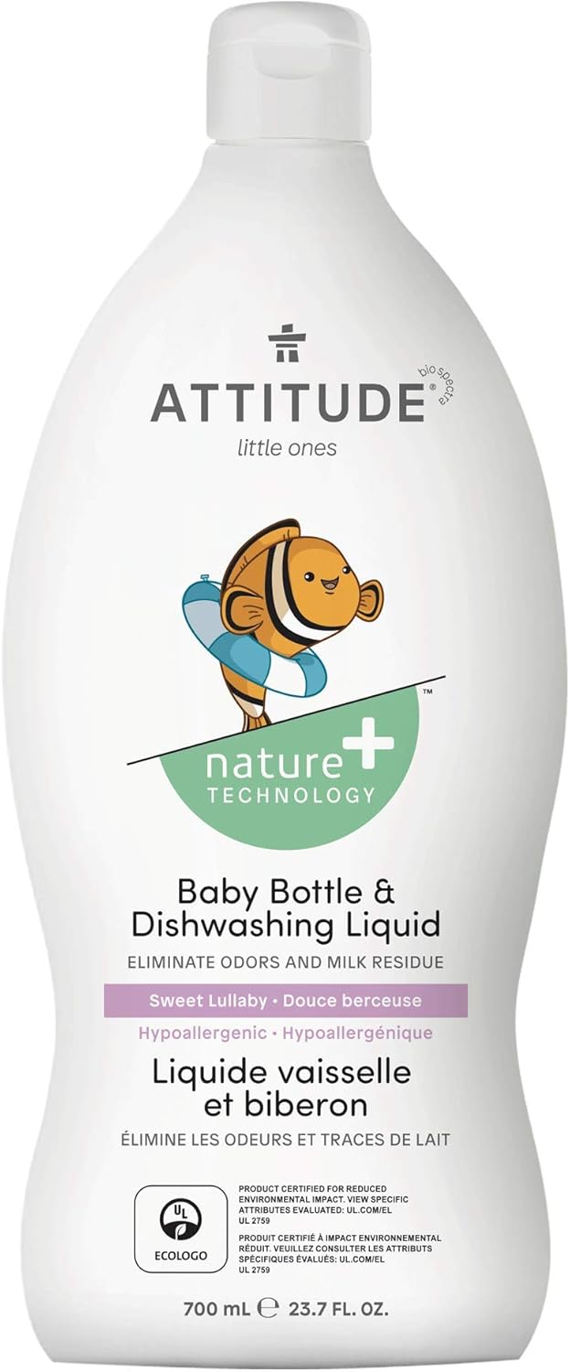 ATTITUDE Baby Dish Soap and Bottle Cleaner, EWG Verified Dishwashing Liquid, No Added Dyes or Fragrances, Tough on Milk Residue and Grease, Vegan, Unscented, 33.8 Fl Oz