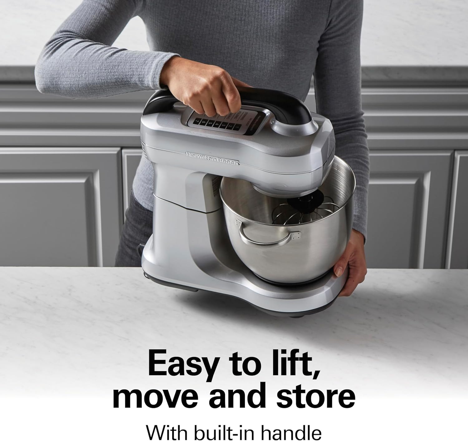 Hamilton Beach Electric Stand Mixer, 4 Quarts, Dough Hook, Flat Beater Attachments, Splash Guard 7 Speeds with Whisk, Black with Top Handle