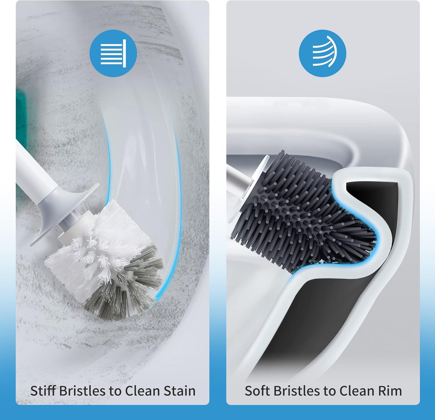 BOOMJOY Toilet Brush and Holder Set, Silicone Toilet Bowl Cleaner Brush, Bathroom Cleaning Bowl Brush Kit with Tweezers, Bathroom Accessories with Aluminum Handle - White