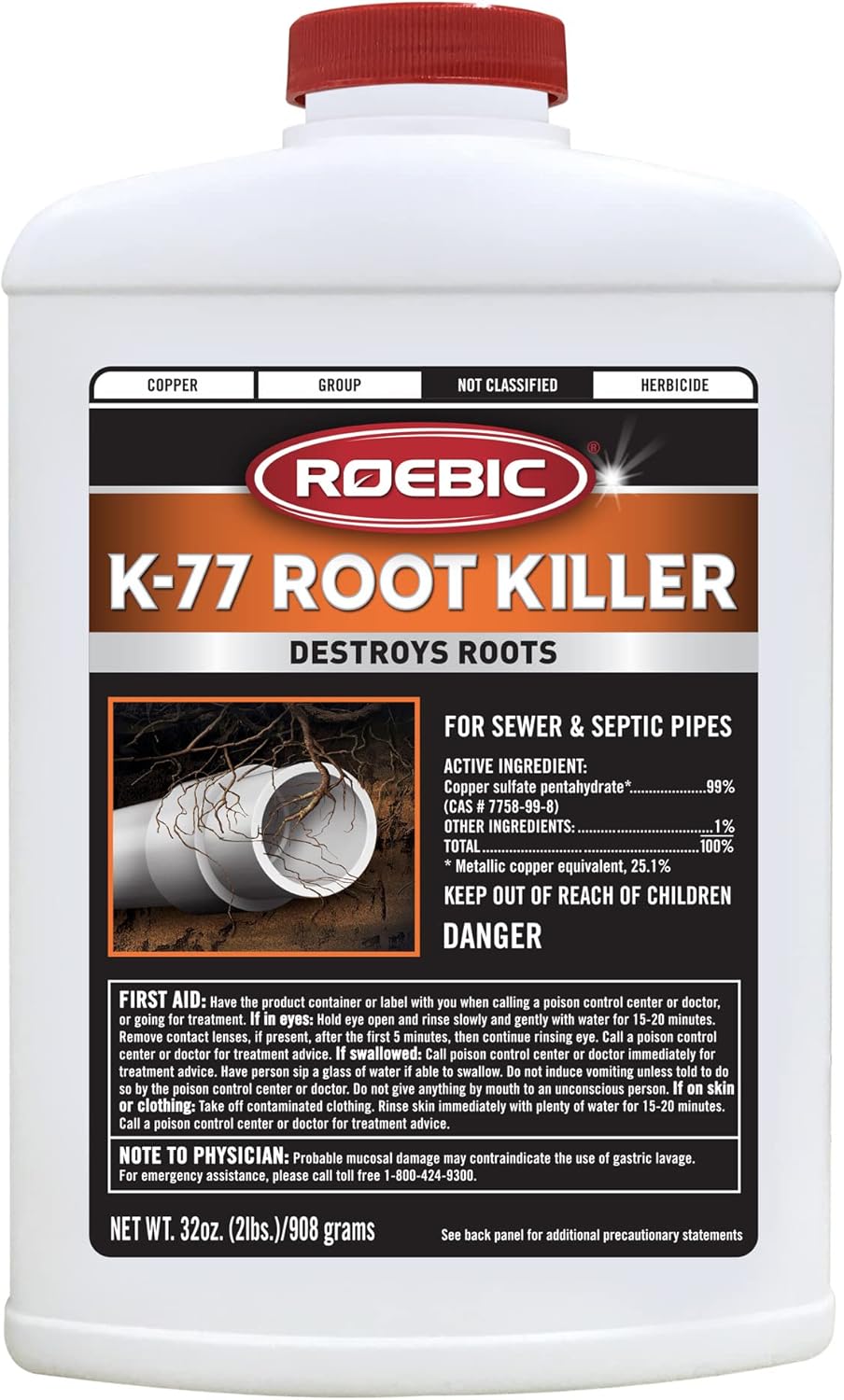Roebic K-77 Root Killer: Clears Pipes, Stops New Growth, Works for Sewer and Septic Systems - 32 Ounce