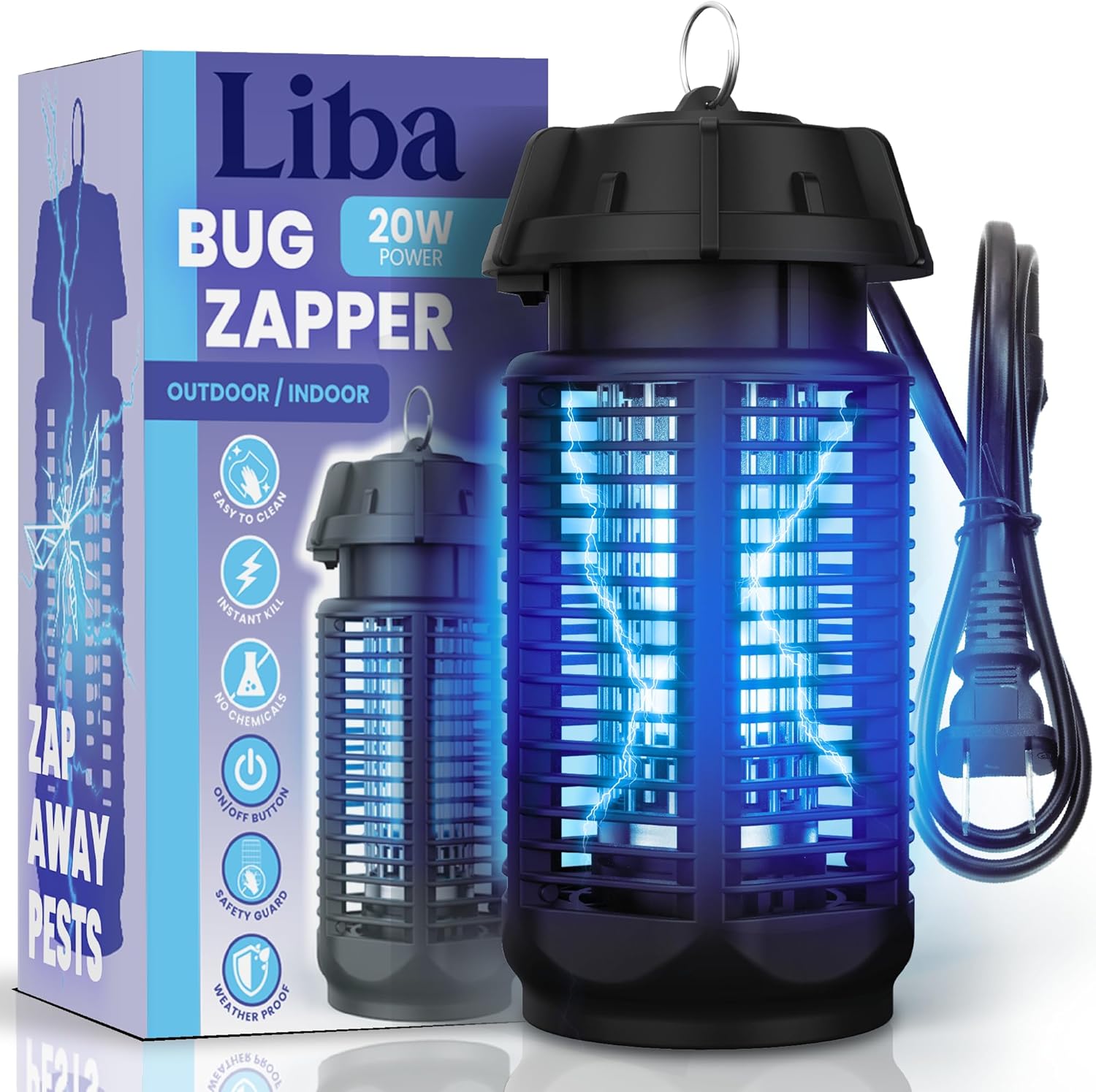 LiBa Electric Bug Zapper, Indoor Insect Killer - (2) Extra Replacement Bulbs - Fly, Mosquito Killer and Repellent - Lightweight, Powerful 2800V Grid, Easy-to-Clean, with a Removable Washable Tray.