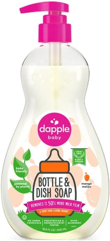Dapple Baby Bottle Soap, Hypoallergenic Dish Soap for Baby Bottles, Powered by Plants, 1 Pump Included, Packaging May Vary, Fragrance Free, 16.9 Fl Oz (Pack of 3)