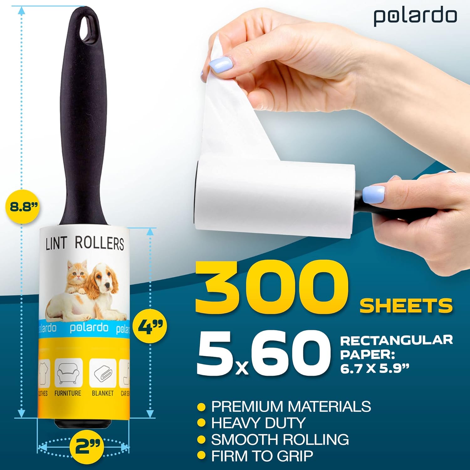 Lint Rollers for Pet Hair, Sticky, Remover for Couch, Clothes Furniture and Carpet. Lint Roller Dog Hair Remover Cat Hair, Animal Hair, Pet Fur, Fuzz. 5 Large Pet Hair Lint Rollers