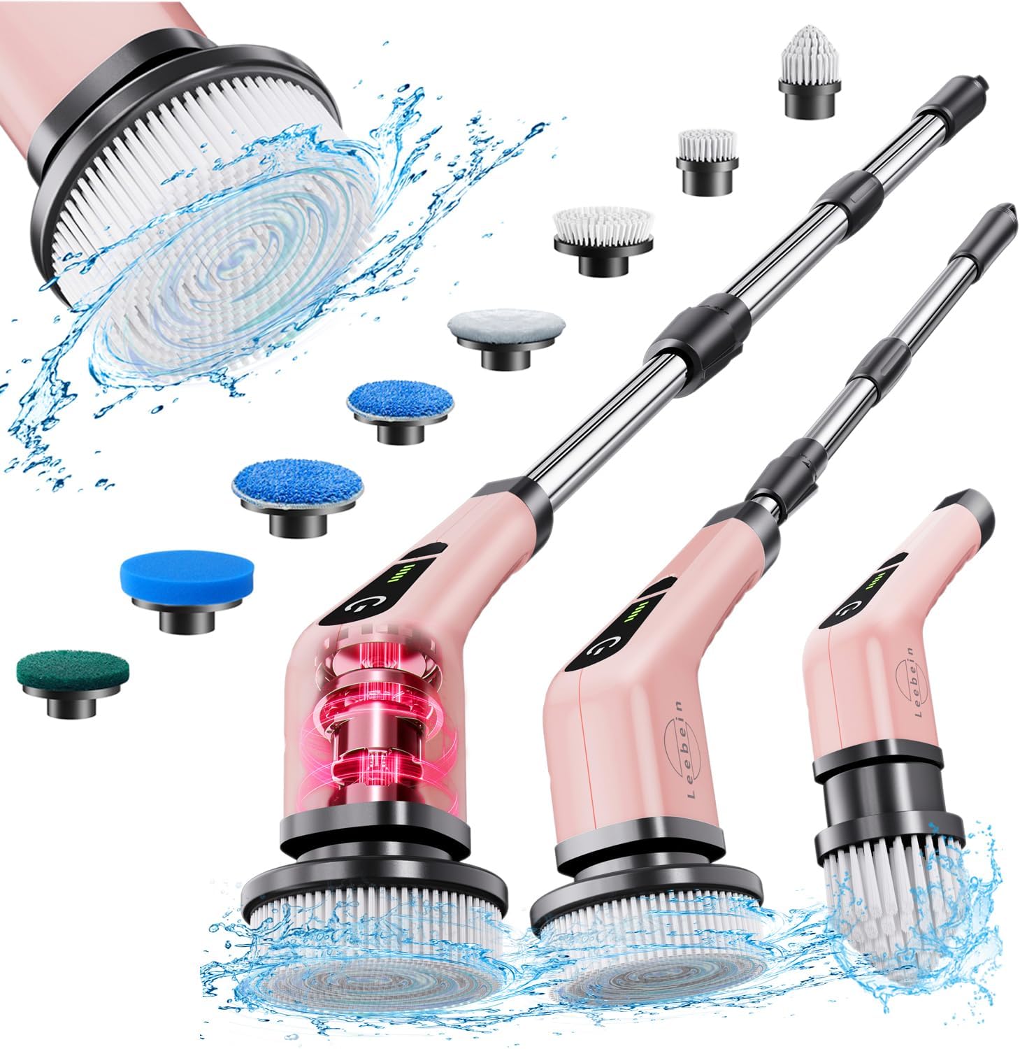 Leebein Electric Spin Scrubber, Cordless Cleaning Brush with 8 Replaceable Brush Heads, Tub and Floor Tile 360 Power Scrubber Dual Speed with Adjustable & Detachable Handle for Bathroom Kitchen Car