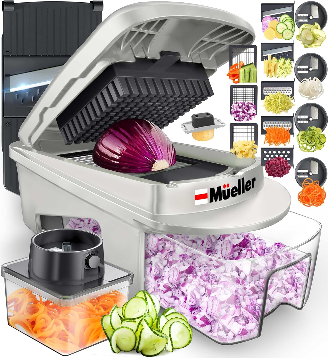 Mueller Pro-Series 10-in-1, 8 Blade Vegetable Chopper, Onion Mincer, Cutter, Dicer, Egg Slicer with Container, French Fry Cutter, Potato Slicer, Home Essentials & Kitchen Gadgets, Salad Chopper