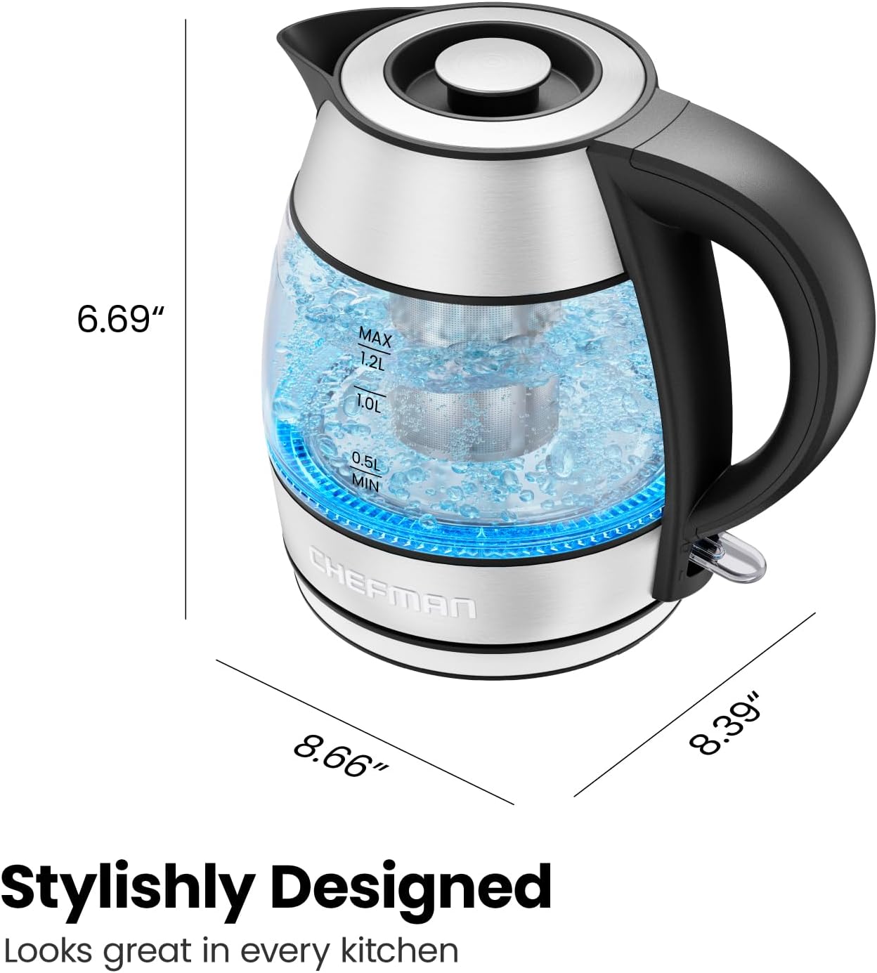 Chefman Electric Kettle with Temperature Control, 5 Presets LED Indicator Lights, Removable Tea Infuser, Glass Tea Kettle & Hot Water Boiler, 360° Swivel Base, BPA Free, Stainless Steel, 1.8 Liters