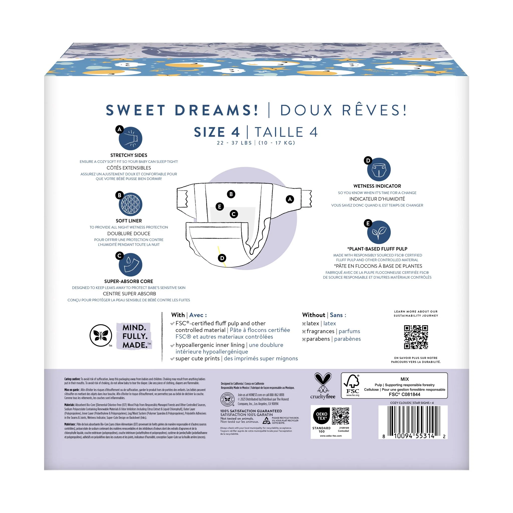 Honest Club Box Overnight Diapers, Size 4, Cozy Cloud + Star Signs 48 ct