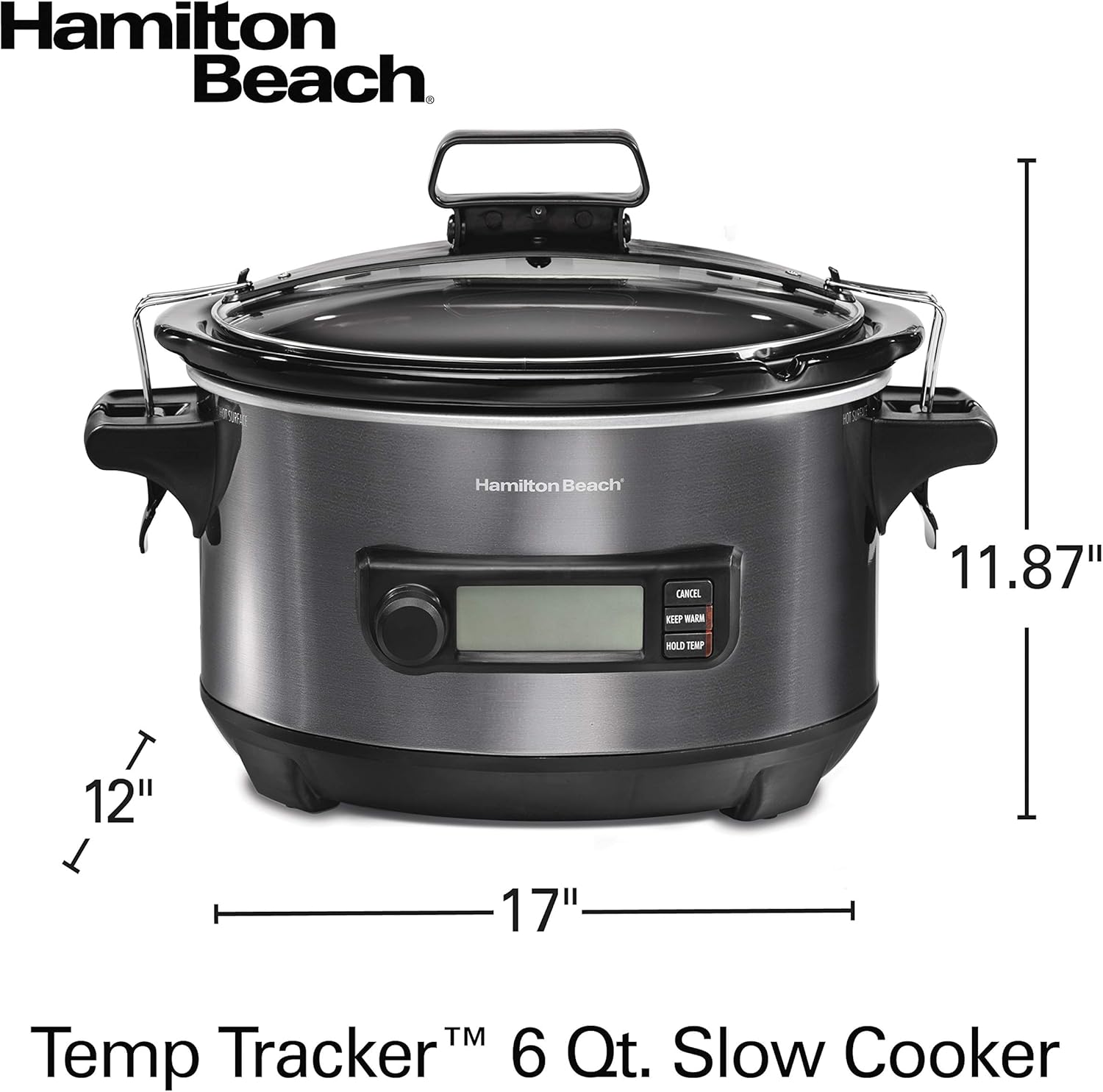 Hamilton Beach Portable 6 Quart Set & Forget Digital Programmable Slow Cooker with Lid Lock, Temperature Probe, Dishwasher Safe Crock & Lid, Black Stainless (33866)