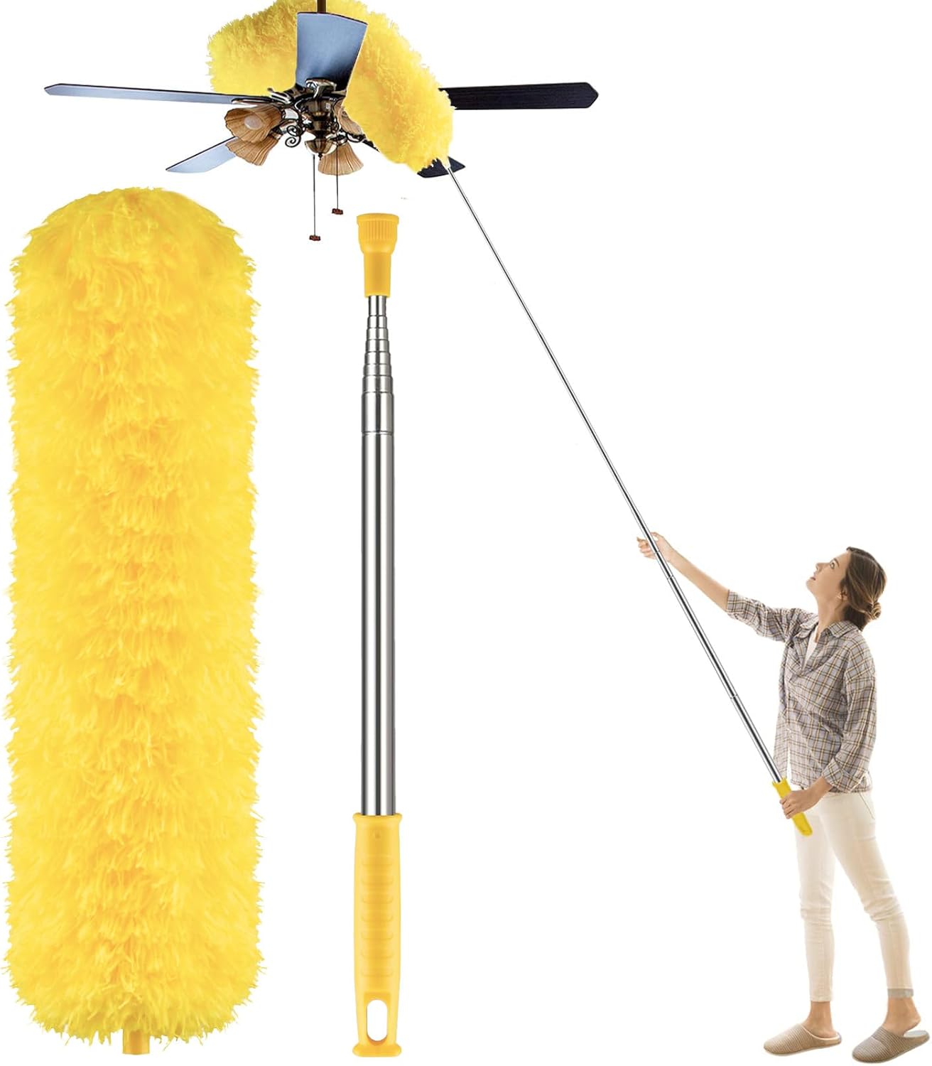 Dusters for Cleaning High Ceiling Fan, Newliton Microfiber Feather Duster with 30'' to 100'' Telescoping Extension Pole, Long Extendable Duster for Home Car Furniture Cobweb Gray