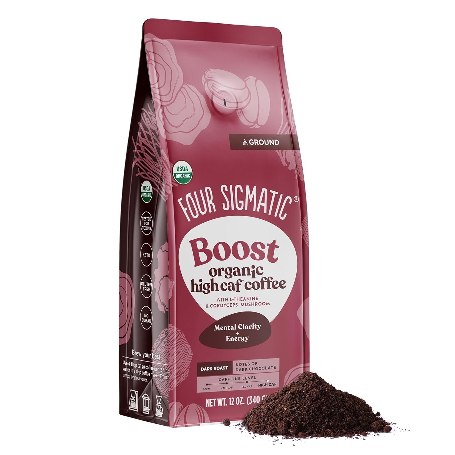 Four Sigmatic Think Mushroom Coffee | Organic Ground Coffee with Lion's Mane Mushroom and Chaga Mushroom | Nootropic Mushroom Coffee for Better Focus and Immune Support | 12oz Bag