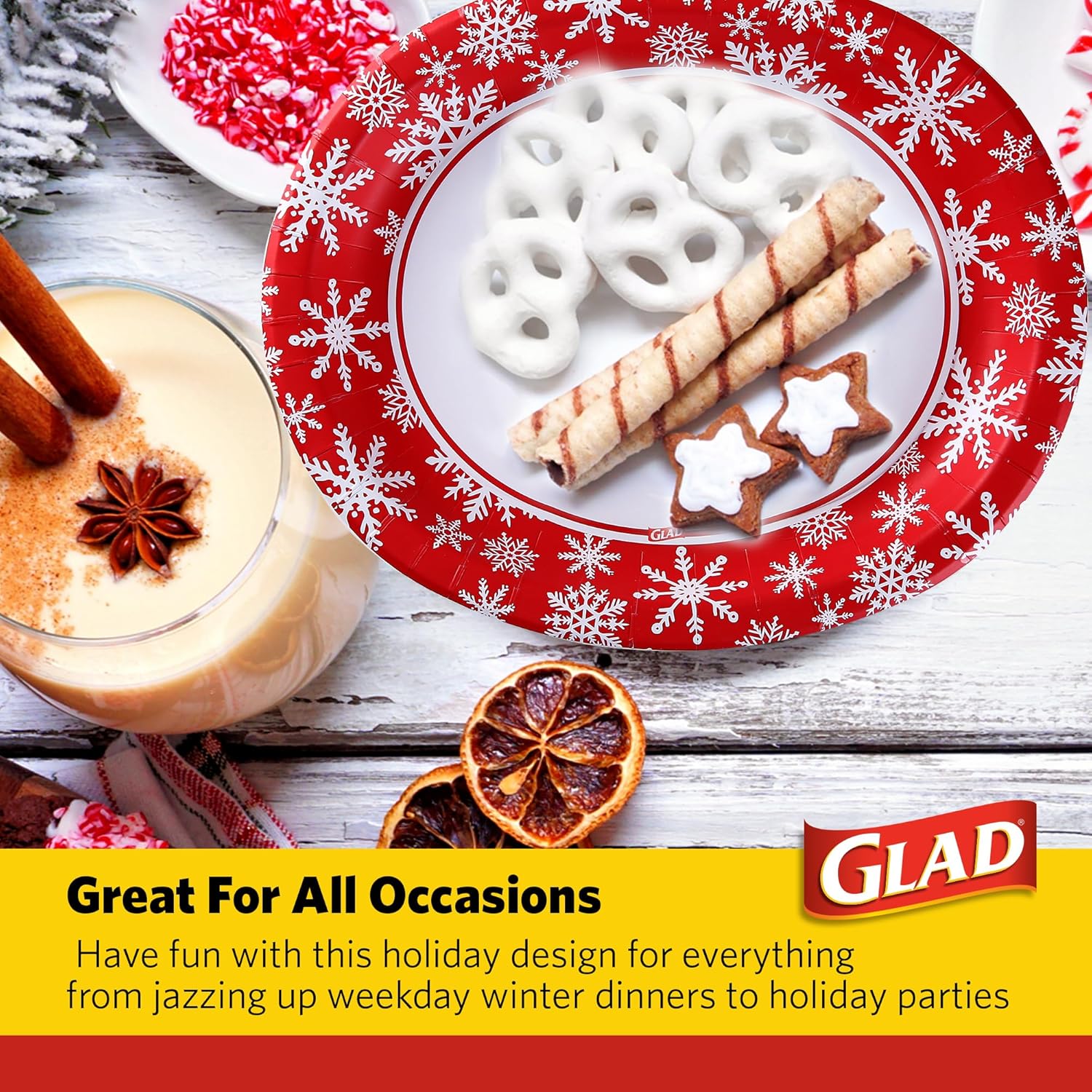 Glad Disposable Holiday Paper Plates, 10 Inch, 20 Count - Red Snowflake Design, Heavy Duty and Microwavable