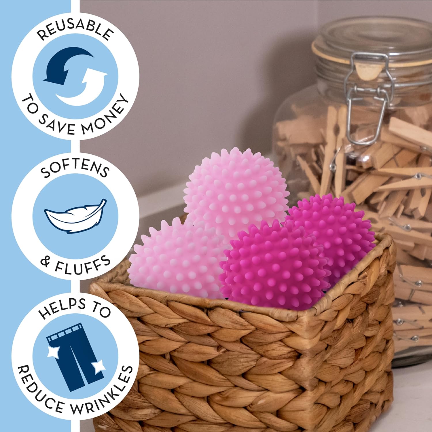 S&T INC. Reusable Dryer Balls, Fabric Softener for Laundry, Blue, 2.5 in, 6 Pack