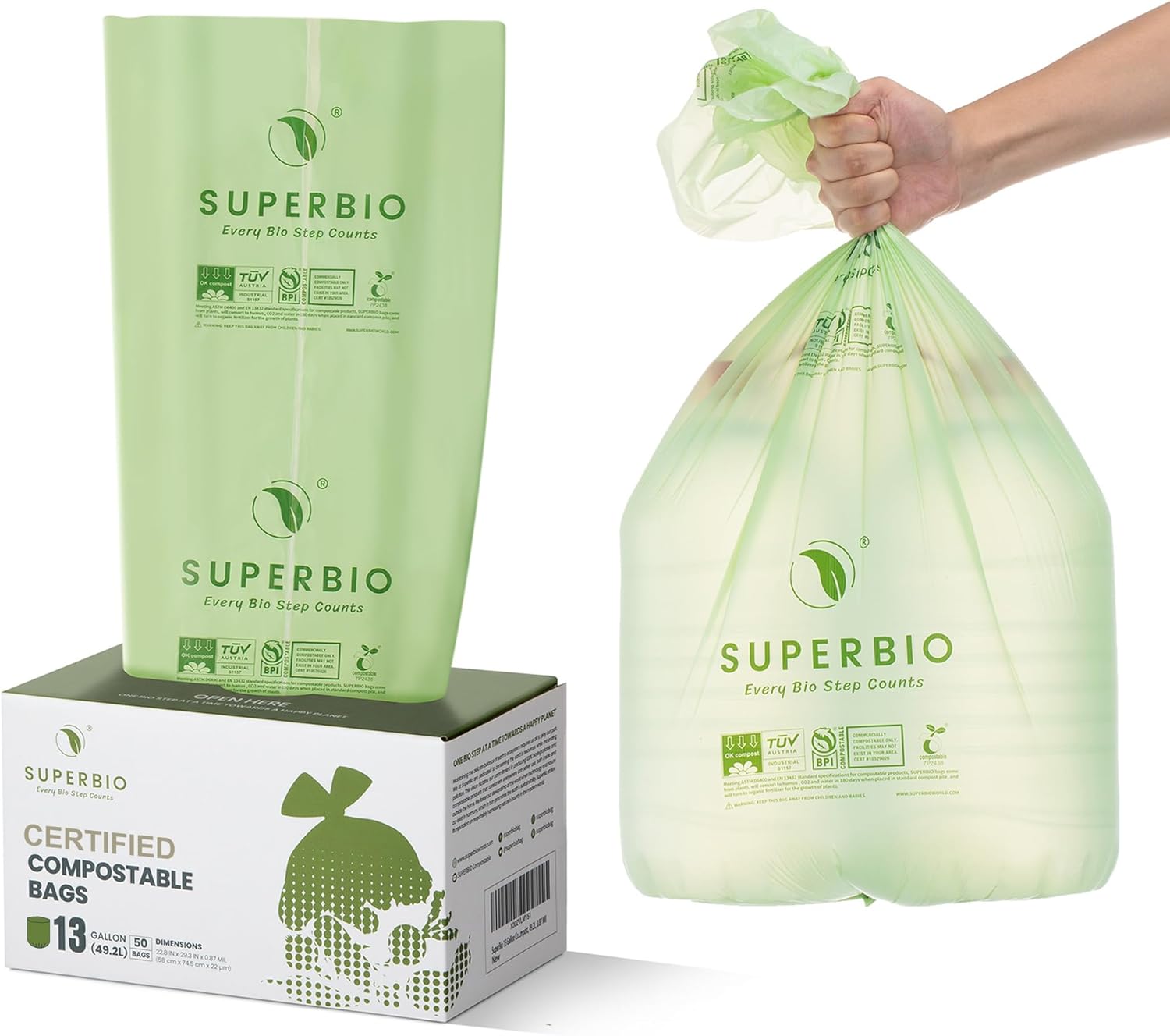SUPERBIO 1.6 Gallon Handle Tie Compostable Food Scrap Bags For Counter Top Compost Bin, Small Compost Bags, 50 Count, 6 Liter, BPI & OK compost INDUSTRIAL Certified