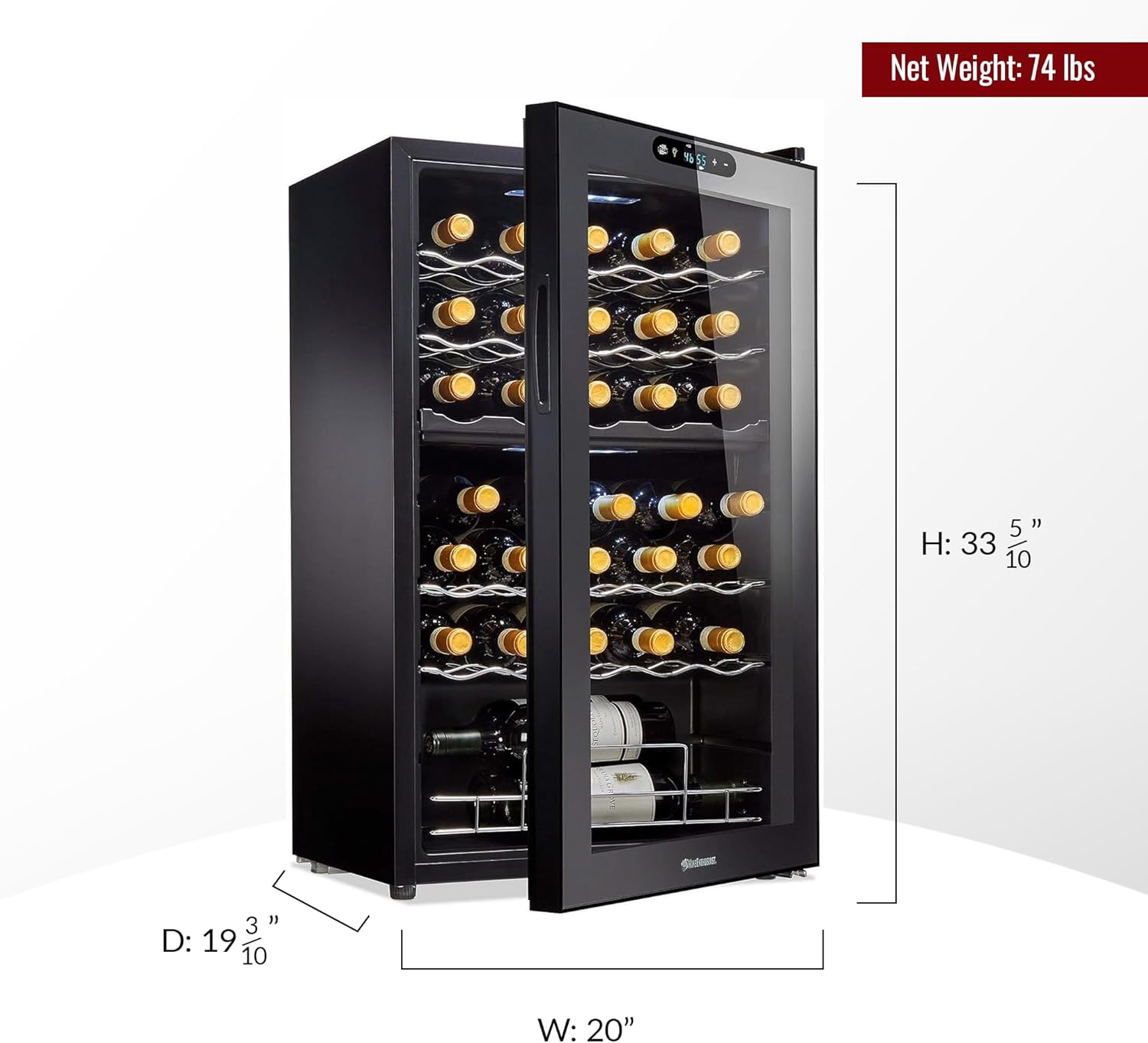 Wine Enthusiast 32-Bottle Dual Zone MAX Compressor Wine Cooler - Freestanding Refrigerator with Split Storage & Temperature, Digital Touchscreen, & LED Display