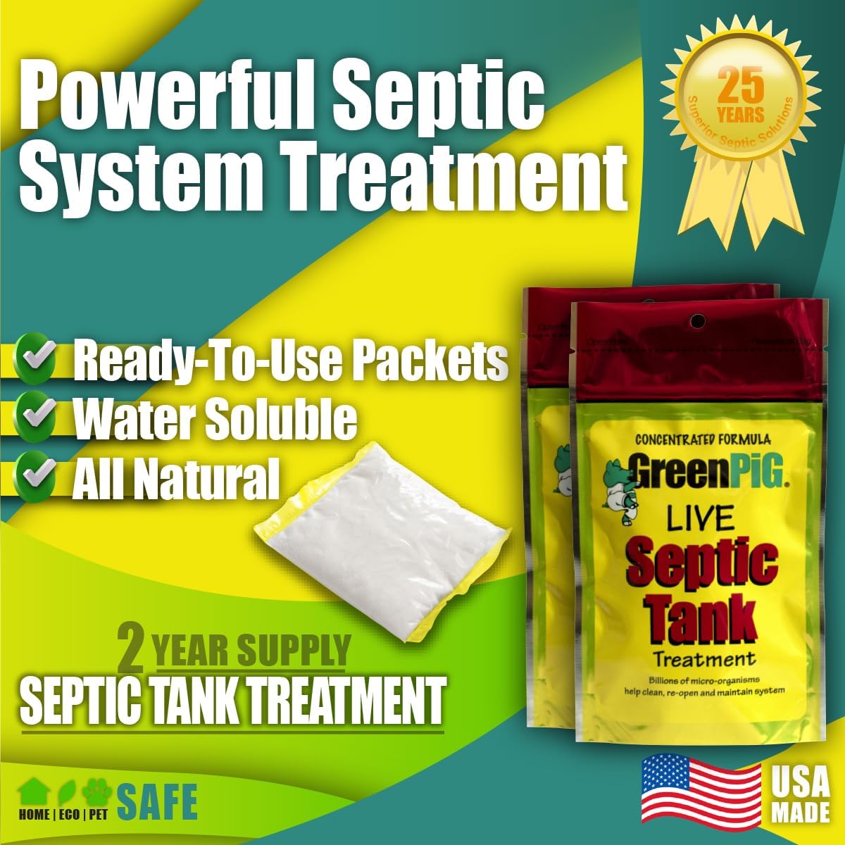 Green Pig 52 Live Septic Tank Treatment Ultimate Solution in Preventing Expensive Backups, Clogs, or Drain Field Failures with 4-Easy Drop-in and Flush, 1-Year Supply- 4 Packets, 4 Count