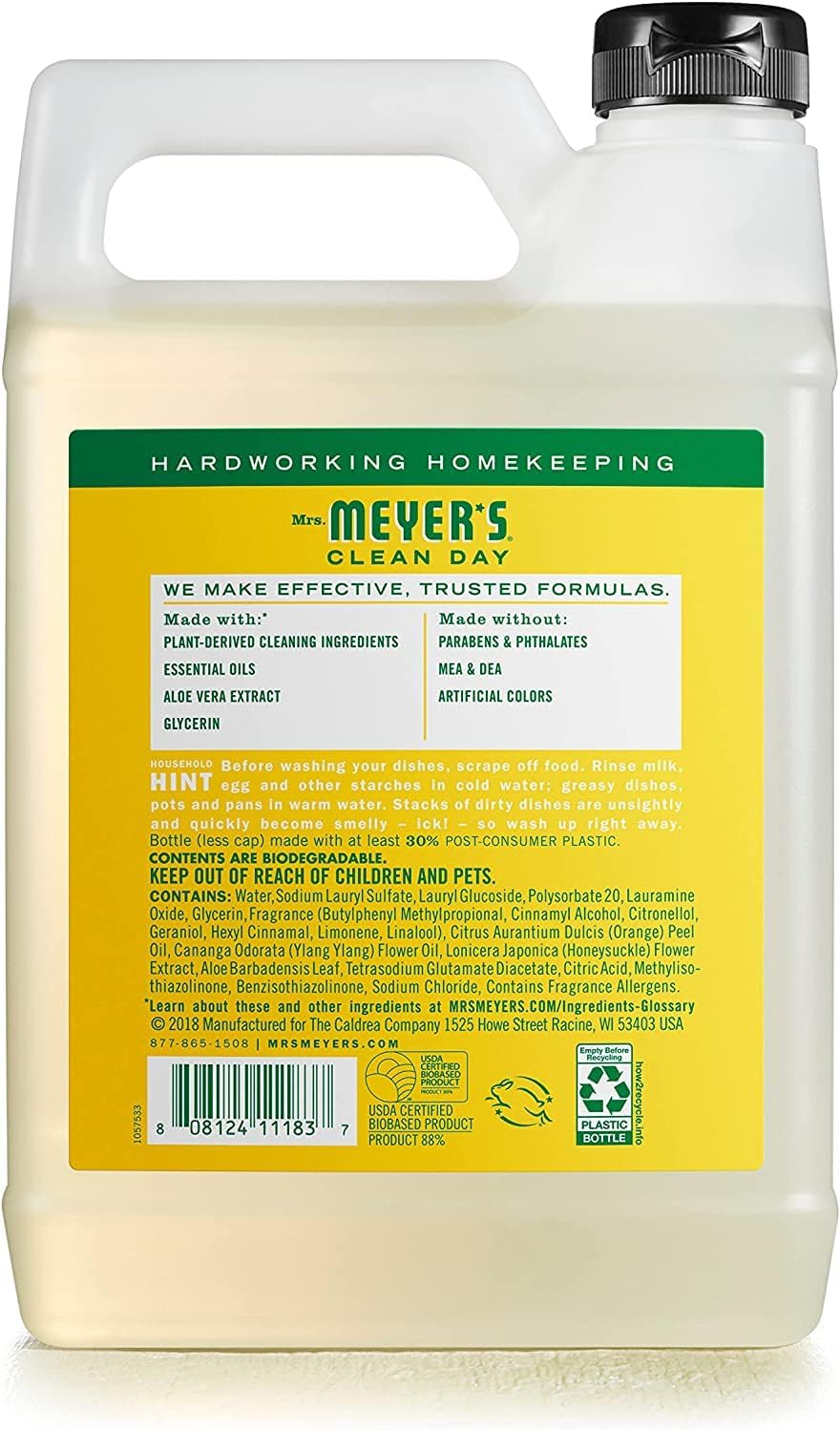 MRS. MEYER'S CLEAN DAY Liquid Dish Soap, Biodegradable Formula, Basil, 16 fl. oz - Pack of 3