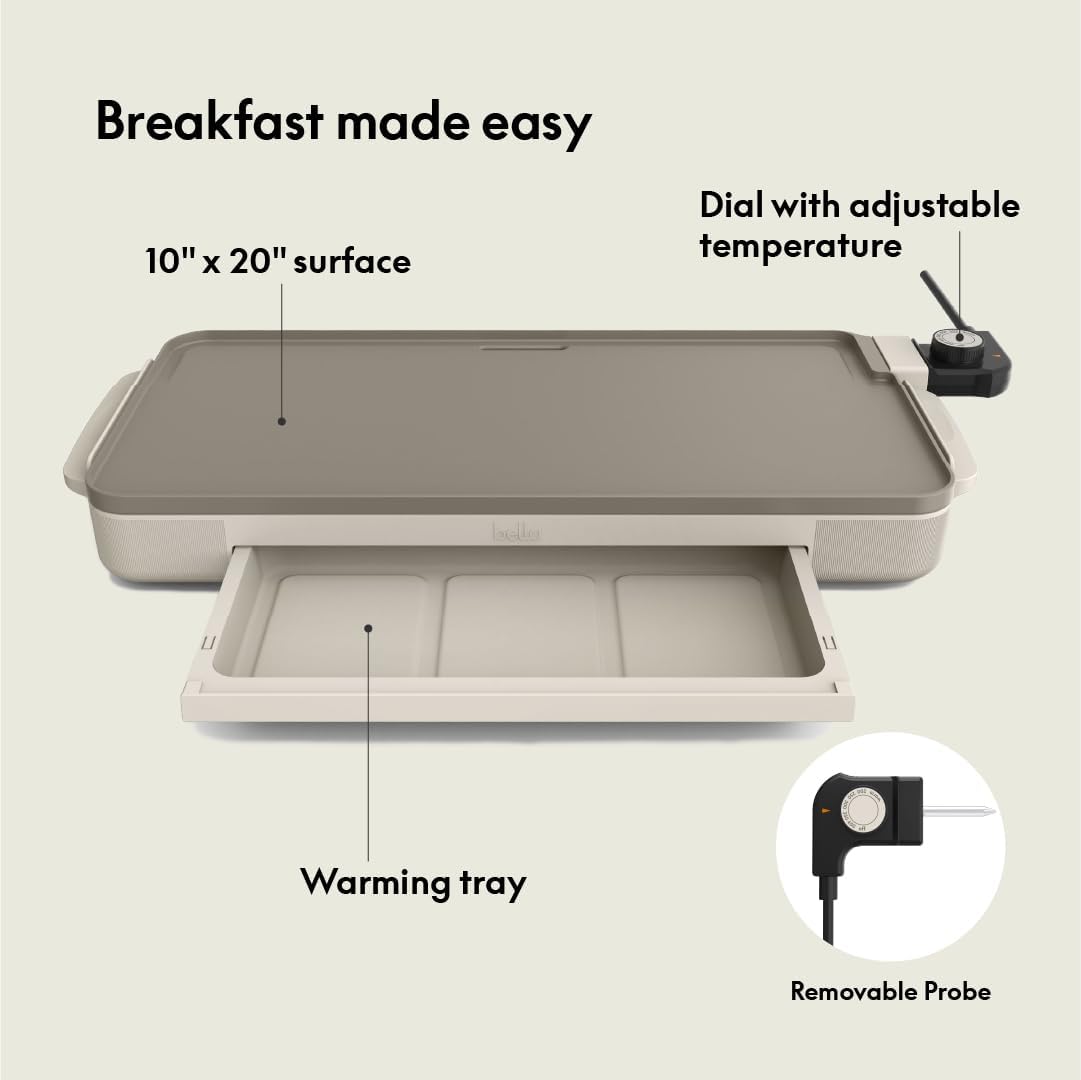 BELLA Electric Ceramic Titanium Griddle, Make 10 Eggs At Once, Healthy-Eco Non-stick Coating, Hassle-Free Clean Up, Large Submersible Cooking Surface, 10.5