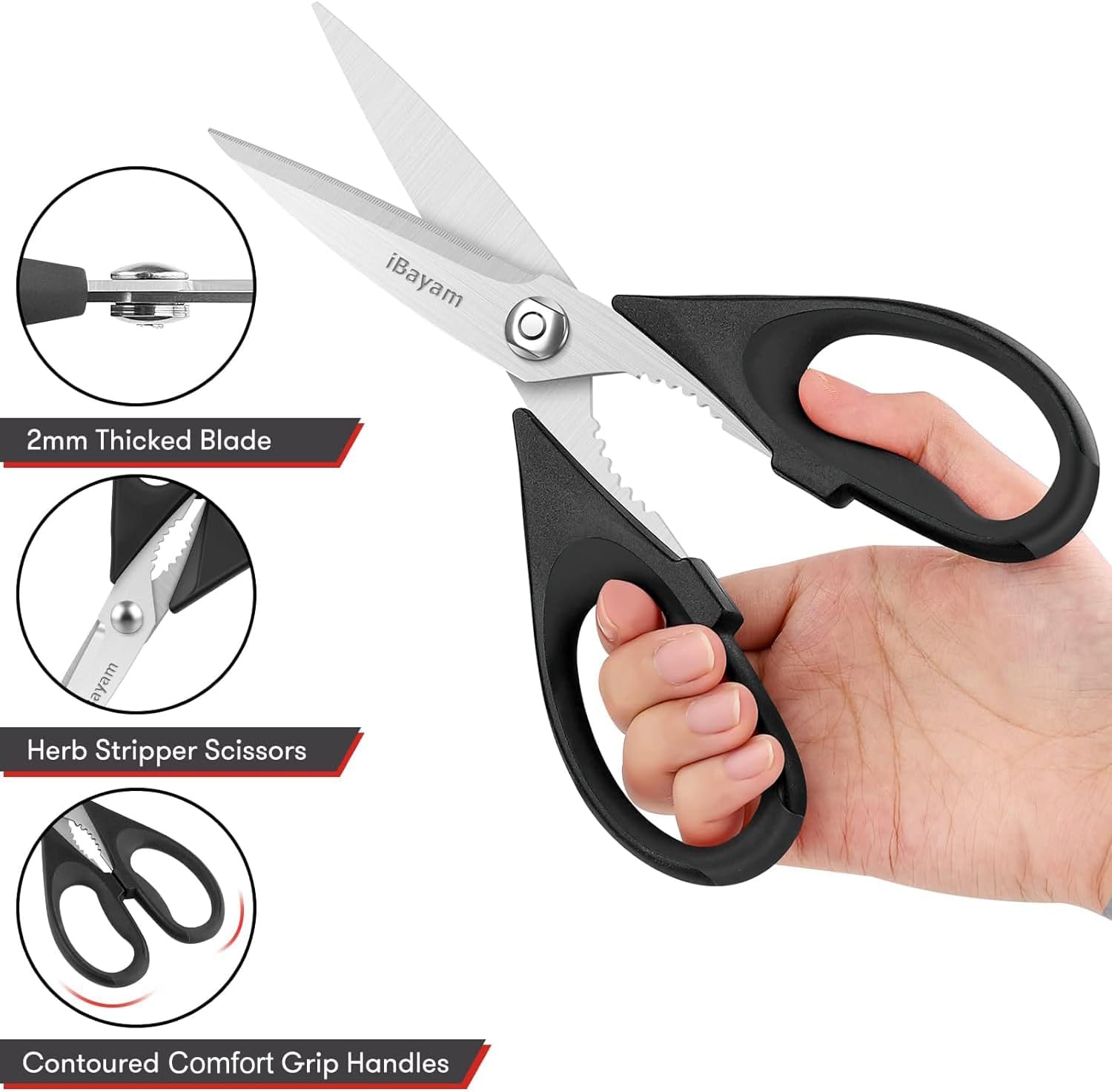 iBayam Kitchen Scissors All Purpose Heavy Duty Meat Poultry Shears, Dishwasher Safe Food Cooking Scissors Stainless Steel Utility Scissors, 2-Pack (Black Red, Black Gray)