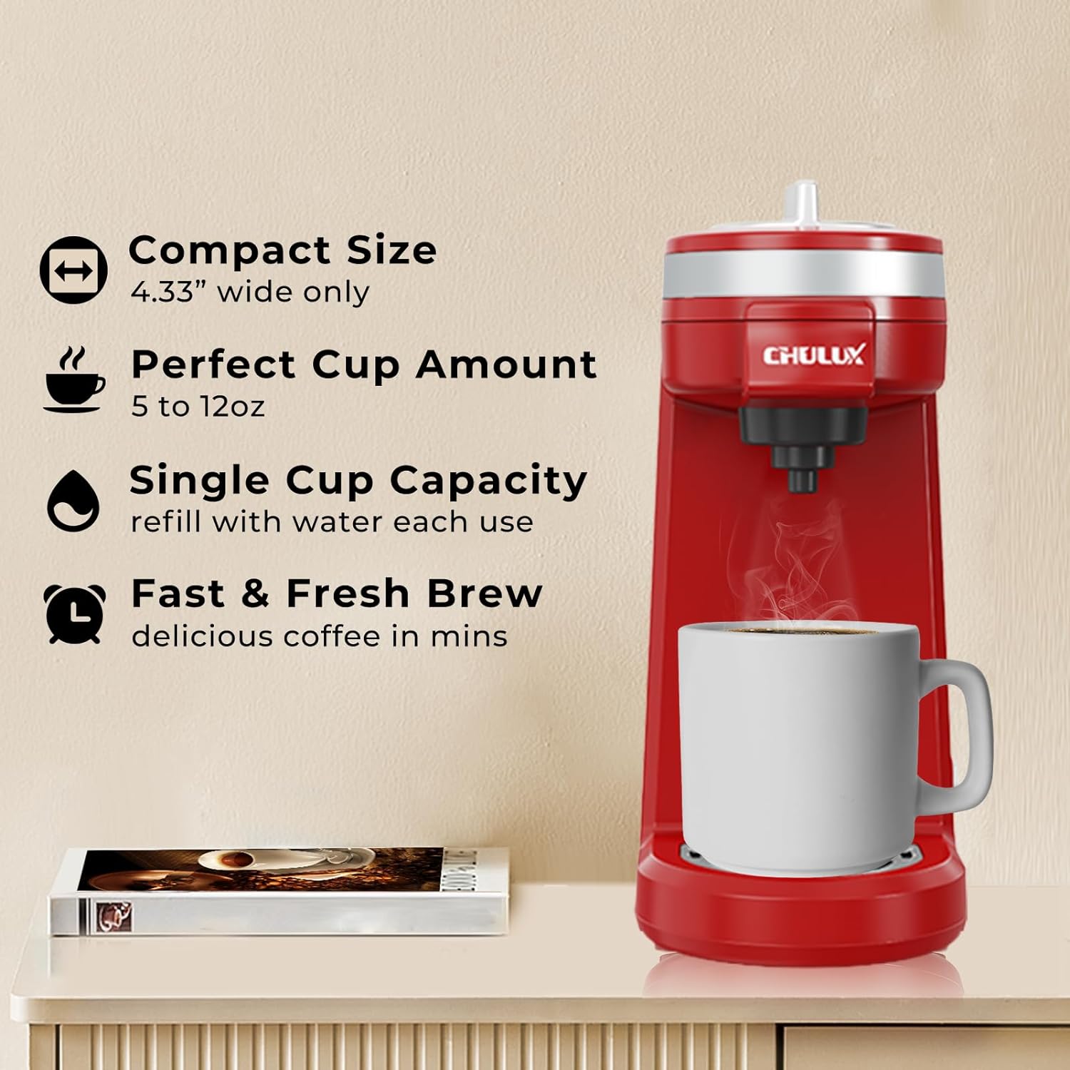 CHULUX Single Serve Coffee Maker for K Capsule and Ground Coffee, Single Cup Coffee Machine, Black